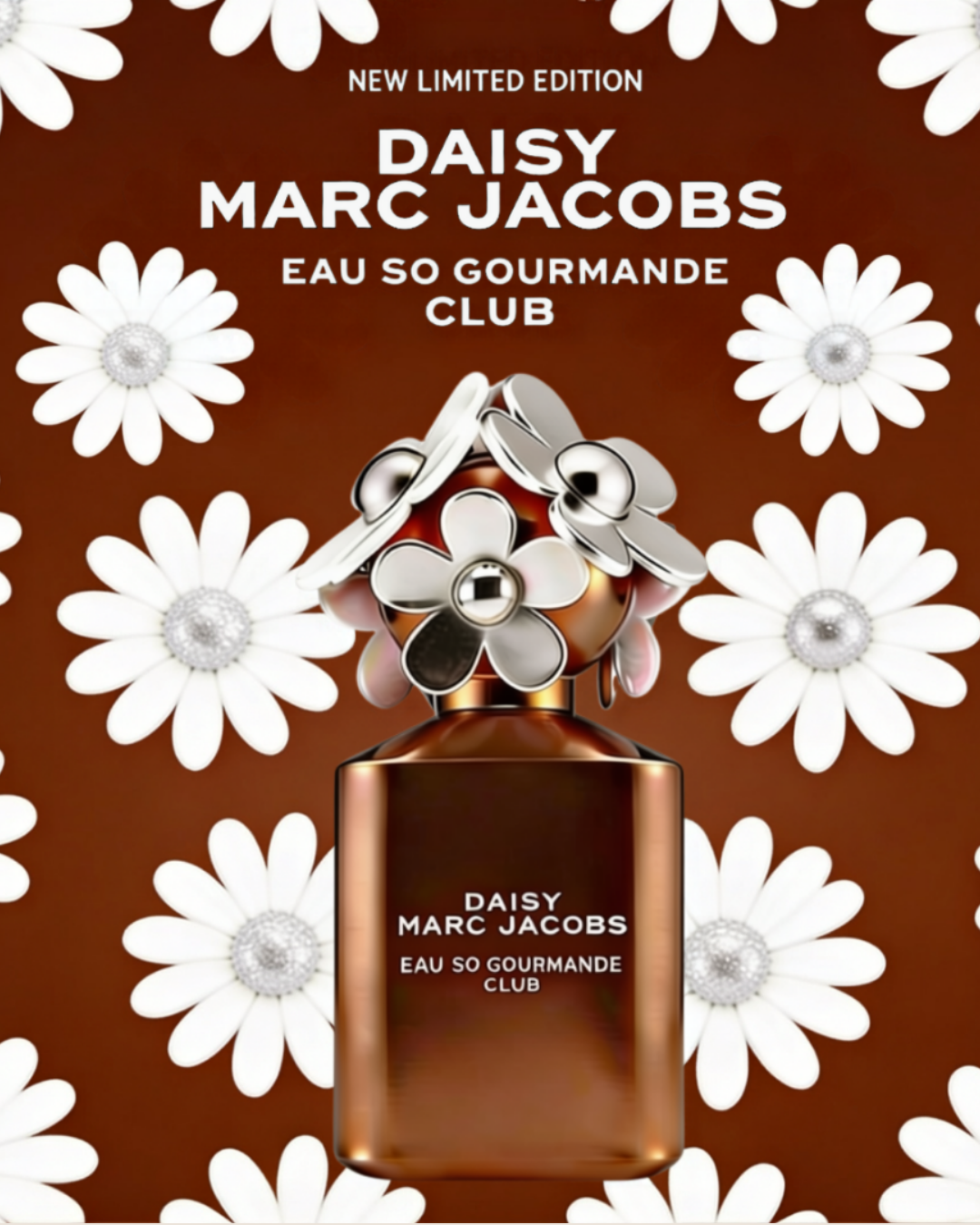 Daisy Club Eau So Gourmande by Marc Jacobs campaign visual, New Limited Edition, bottle with white and silver daisy pattern background, ScentLab Coffee Break trend TrendStudio Edition 2 by WSSC