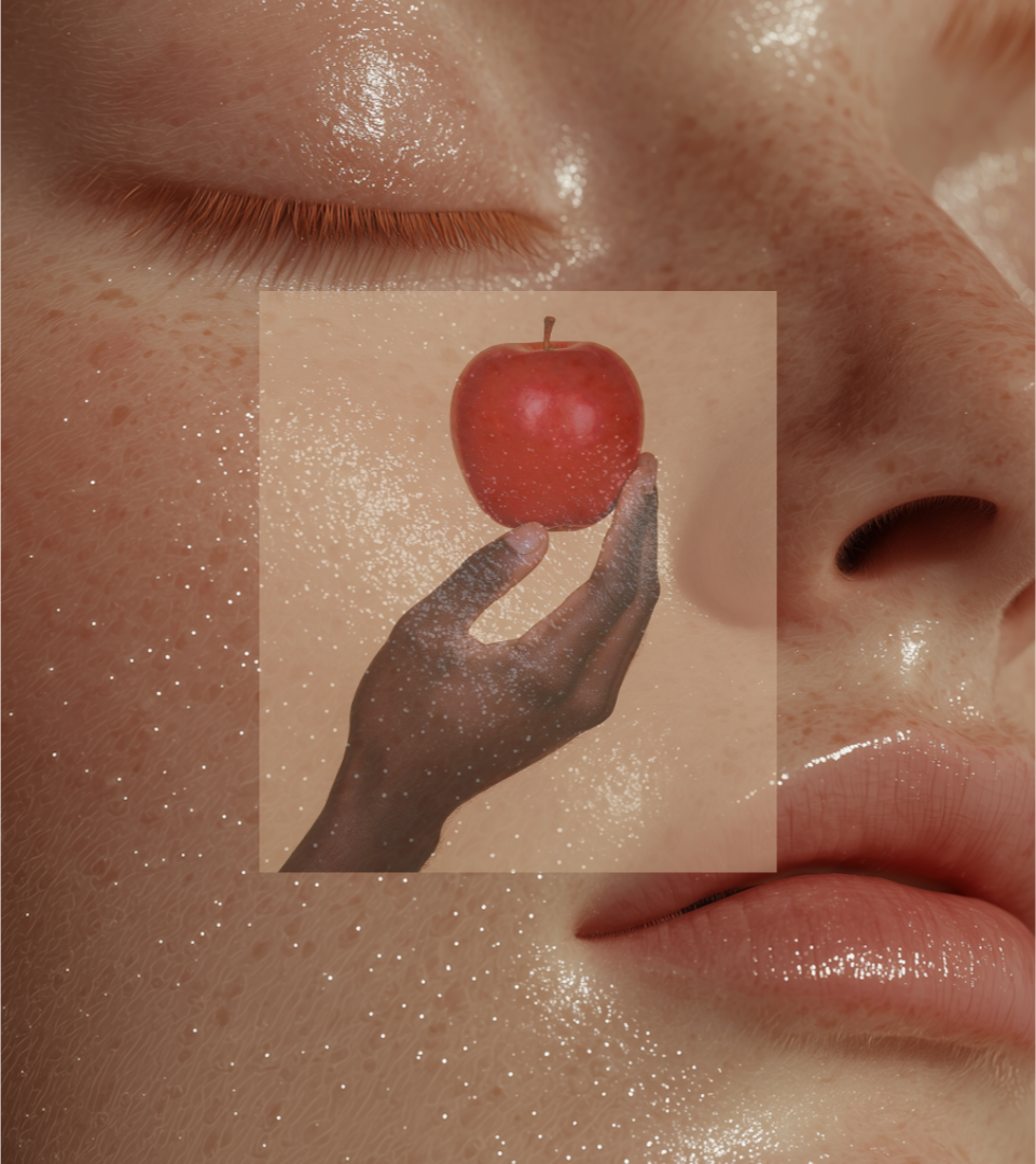 Hand holding a red apple near glossy lips — The Fruit of Knowledge, fine fragrance fruity trend by TrendStudio WSSC