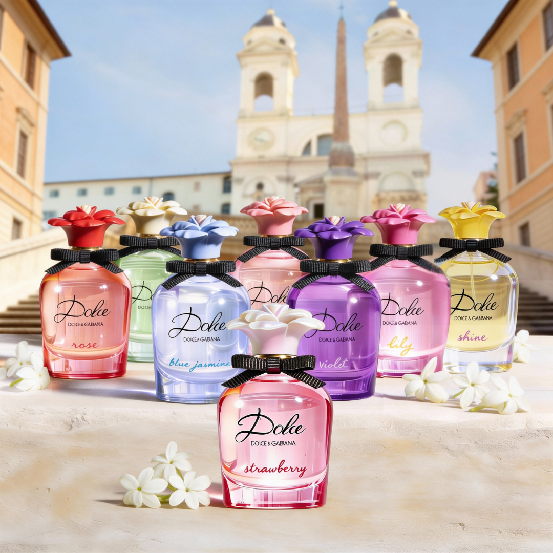 Dolce by Dolce & Gabbana full fragrance collection displayed on Roman steps, featuring multiple flower-cap bottles in pink, blue, purple and yellow, and Dolce Strawberry at the front. ScentLab prospective concept by WSSC
