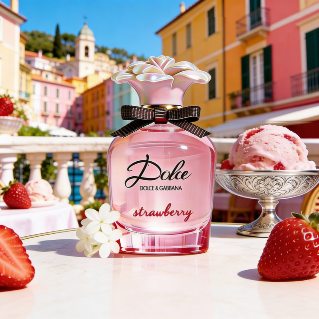 Dolce Strawberry by Dolce & Gabbana – Eau de Parfum for Women, pink flower-cap bottle with black bow surrounded by strawberries, jasmine and gelato against Italian coastal backdrop, ScentLab prospective concept by WSSC