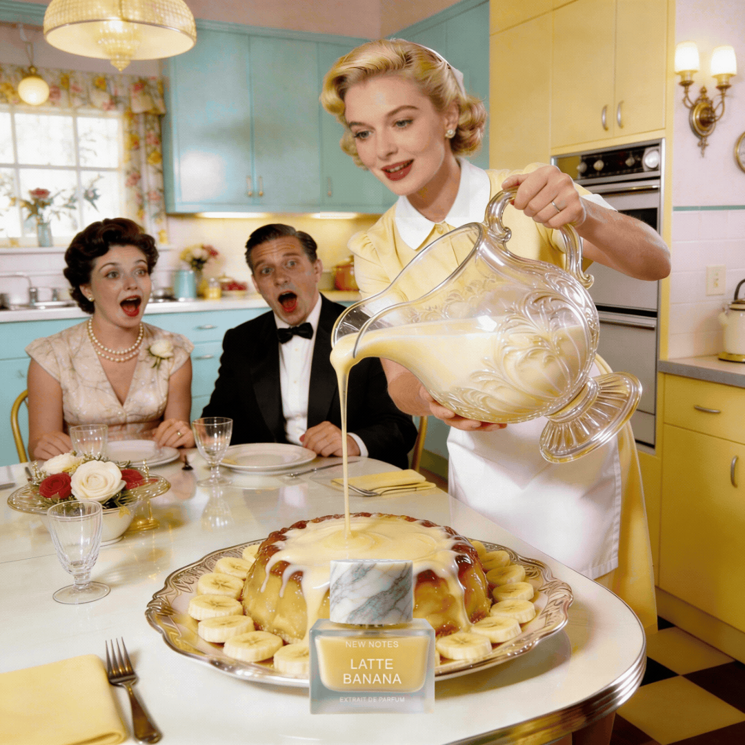 A woman pouring a creamy sauce over a banana pudding cake at a vintage-style dinner party with two shocked guests, a man in a tuxedo and a woman in a floral dress, in a pastel-colored kitchen.