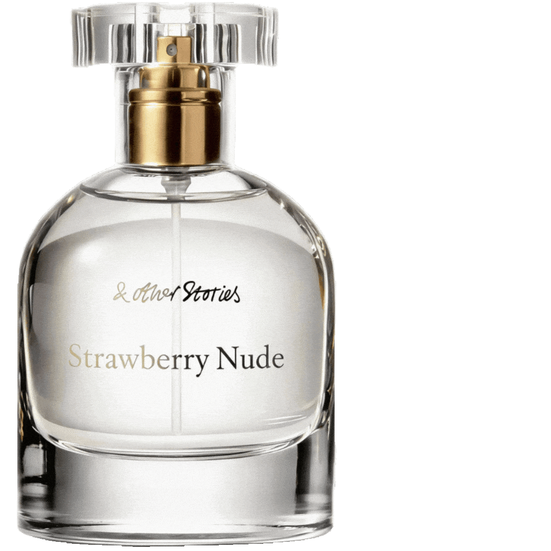 Strawberry Nude by & Other Stories – glass bottle with gold spray and transparent plastic cap, cap on and off, ScentLab prospective concept by WSSC