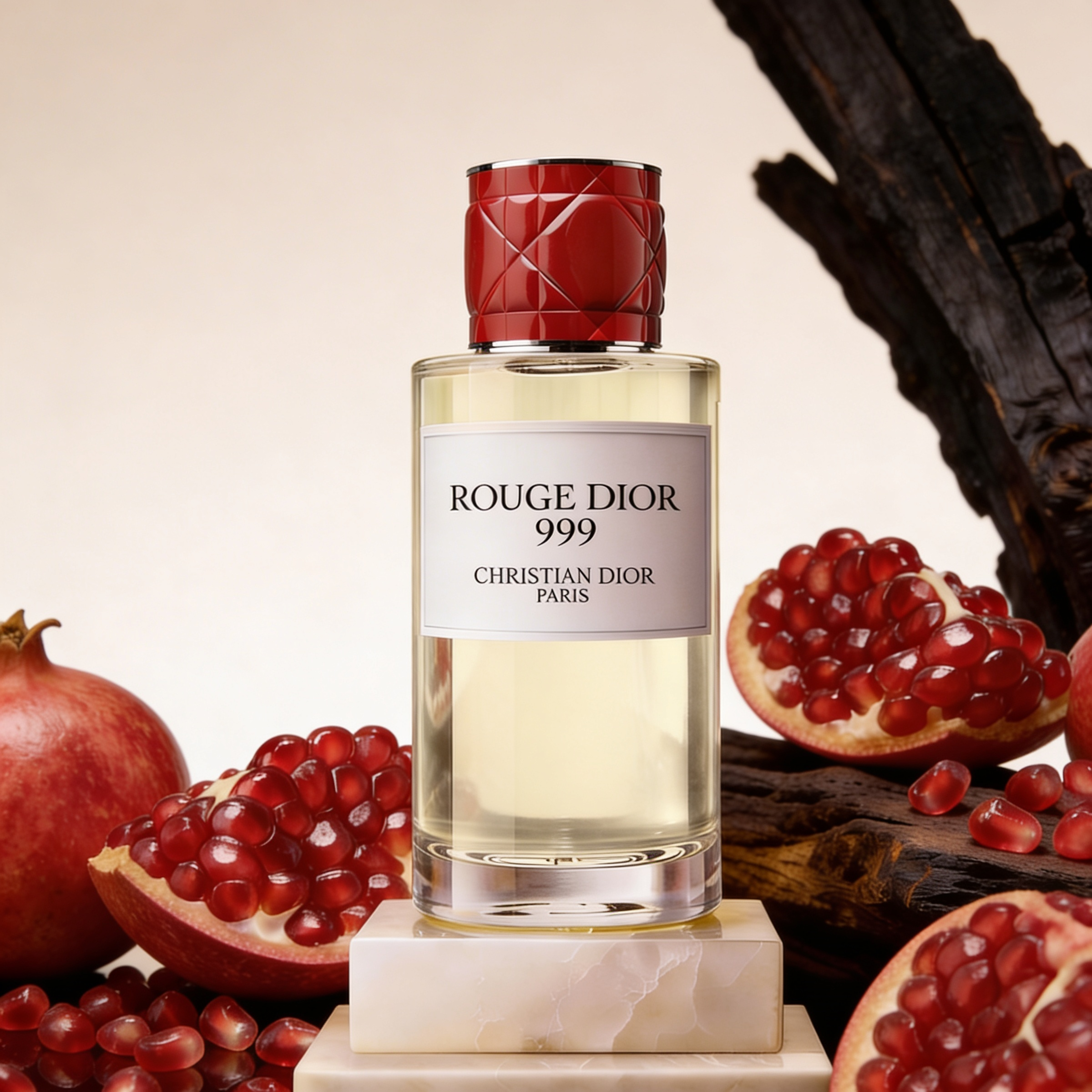 ScentLab by WSSC x Christian Dior – Rouge Dior 999 packshot ad. Rouge Dior 999 bottle with quilted red cap on marble pedestal surrounded by pomegranates and dark wood on warm beige background