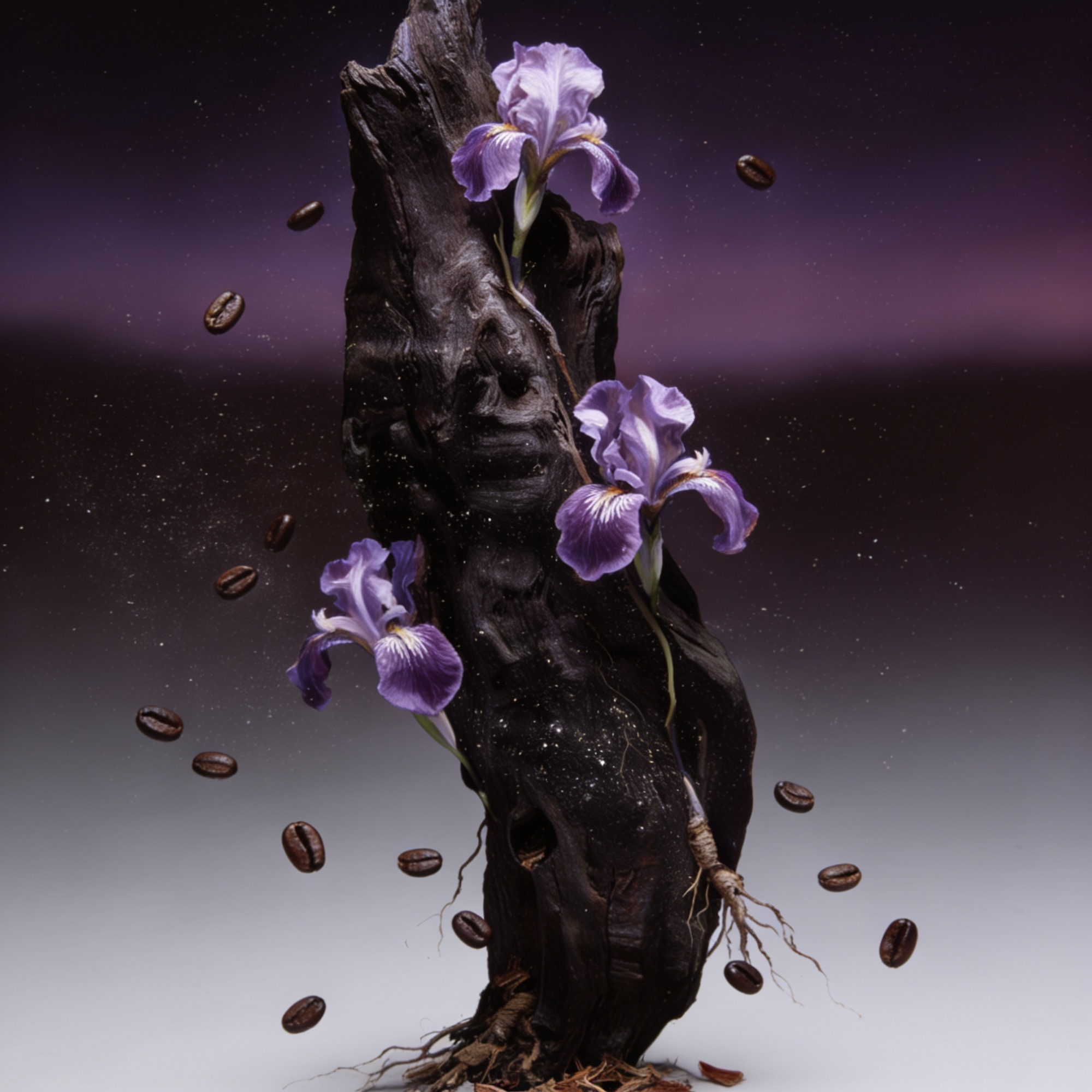 Avant l'Aube by Louis Vuitton Ingredients Shot conceptual visual with purple iris flowers and coffee beans on oud wood, ScentLab Coffee Break trend TrendStudio Edition 2 by WSSC