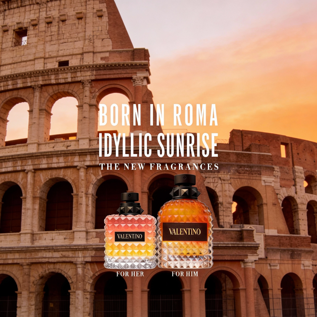 Born in Roma Idyllic Sunrise by Valentino – campaign visual with Colosseum at sunrise and Donna and Uomo bottles, ScentLab prospective concept by WSSC