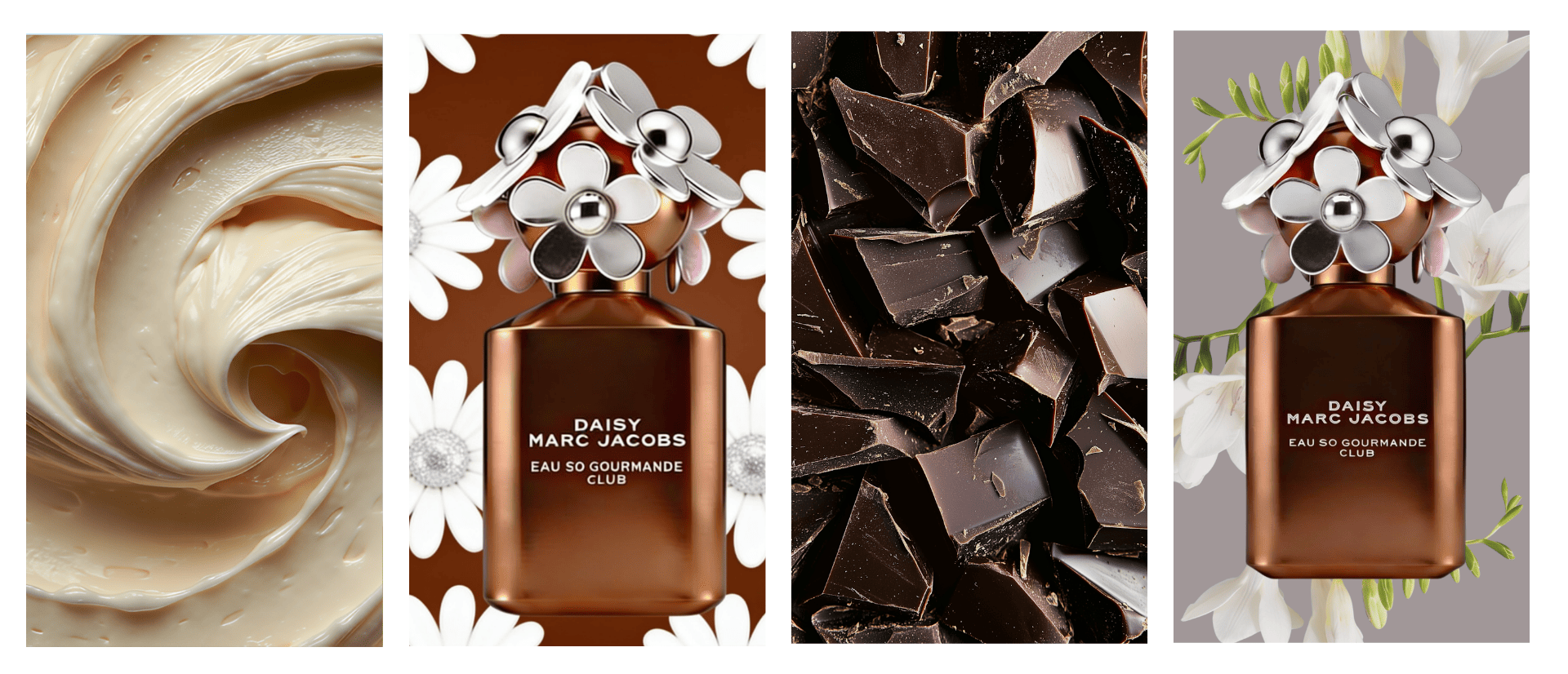 Moodboard for Daisy Love Club by Marc Jacobs – tahini close up, bronze bottle, dark chocolate pieces, bronze bottle with white freesia, ScentLab Coffee Break trend TrendStudio Edition 2 by WSSC