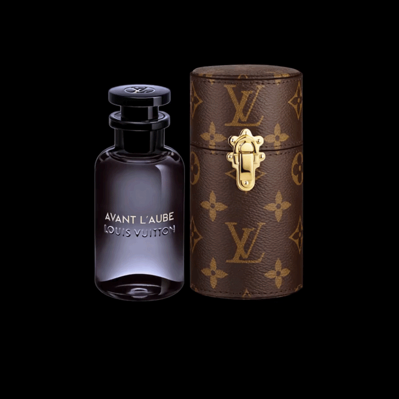 Avant l'Aube by Louis Vuitton bottle with monogram leather travel case, 180-degree view, ScentLab Coffee Break trend TrendStudio Edition 2 by WSSC