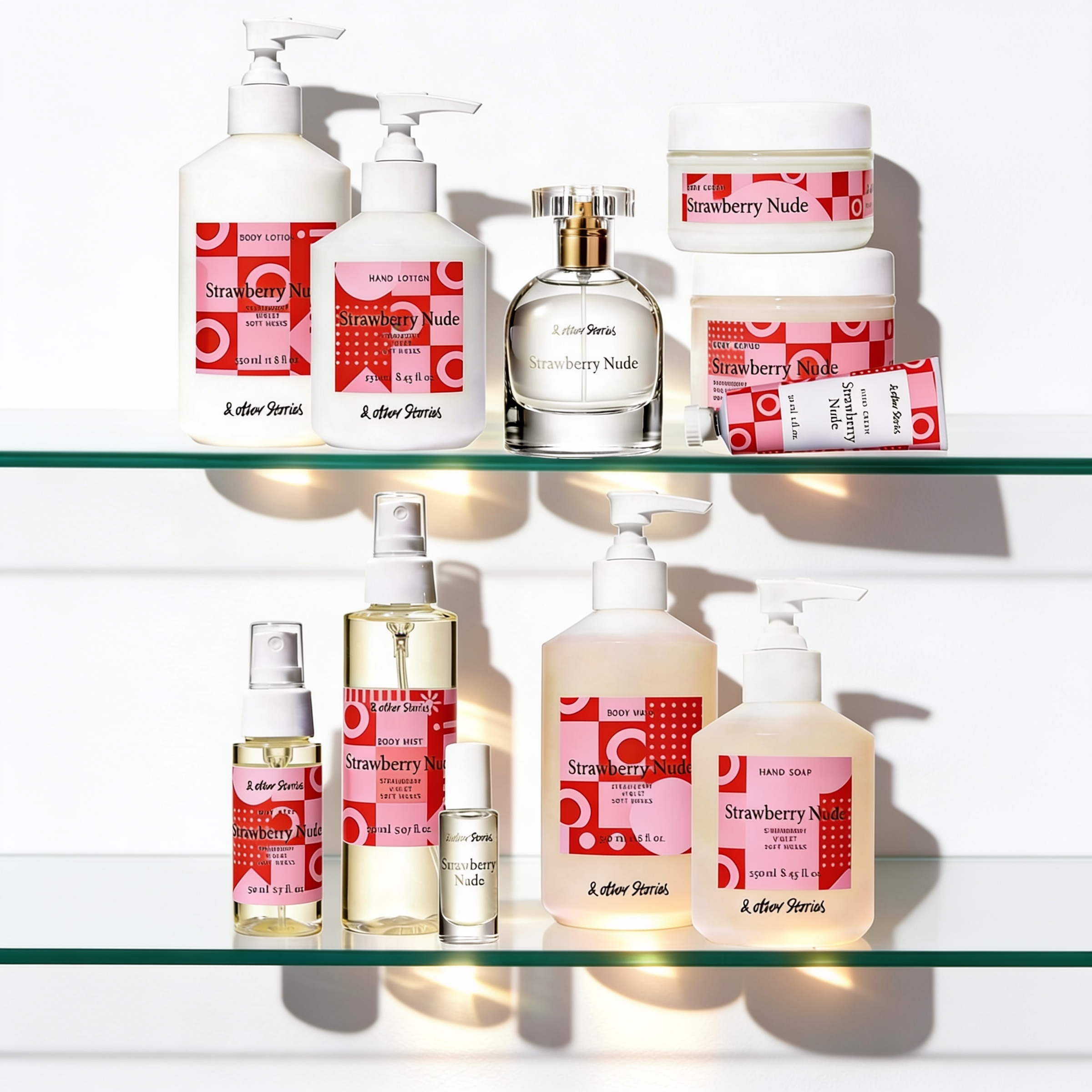 Strawberry Nude by & Other Stories – full product range displayed on glass shelf including bottles, body care and packaging, with branded red and pink pattern, ScentLab prospective concept by WSSC
