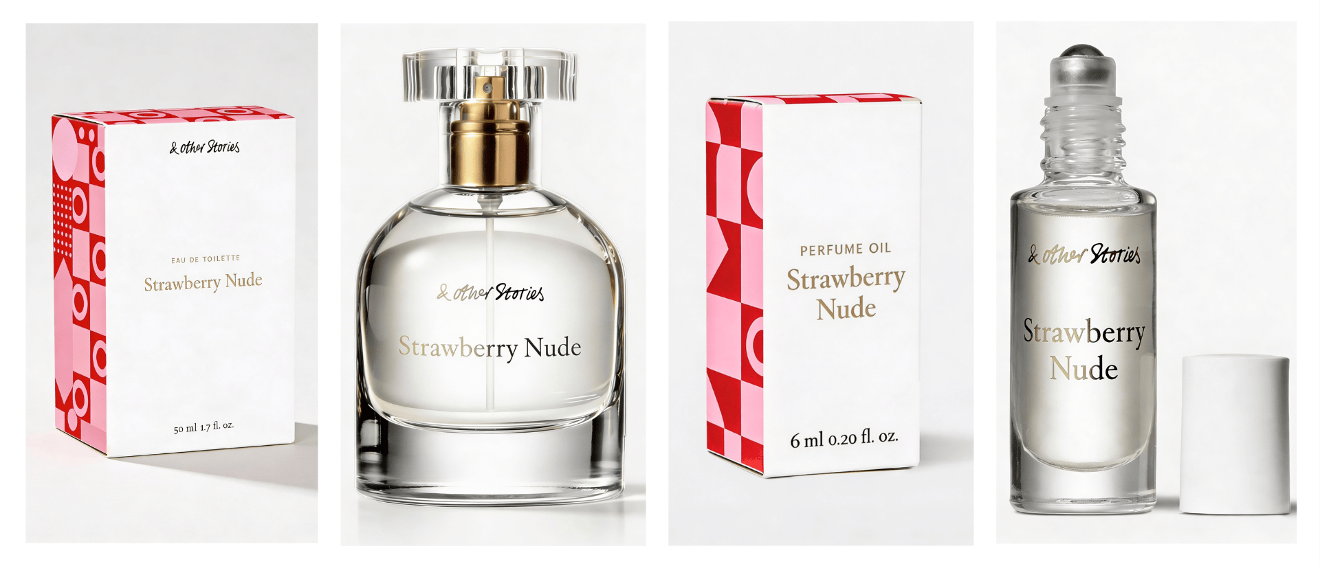 ScentLab by WSSC x & Other Stories – Strawberry Nude moodboard. A collage of four images: Strawberry Nude EDT box , glass bottle with gold and transparent cap, Perfume Oil box with branded red and pink pattern, and roll-on perfume oil bottle