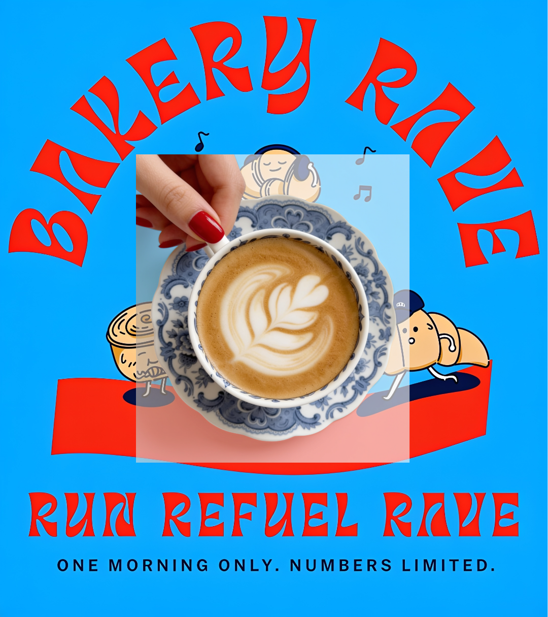 Bakery Rave graphic with latte art coffee cup and illustrated croissant characters, TrendStudio Edition 2 Back to School Issue by WSSC