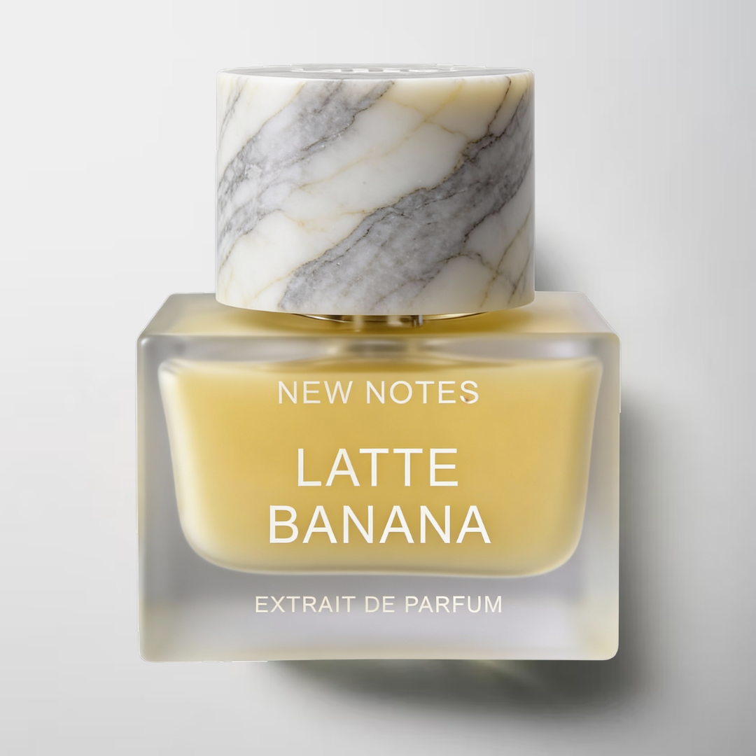 Latte Banana by New Notes – Extrait de Parfum ungendered, square bottle with marble cap on neutral background, ScentLab prospective concept by WSSC