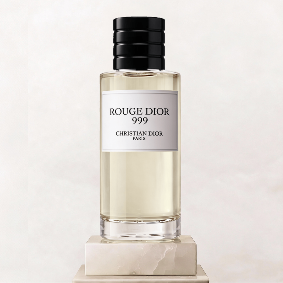 Rouge Dior 999 by Christian Dior Collection Privée – Eau de Parfum ungendered, glass bottle with black cap on marble base, ScentLab prospective concept by WSSC