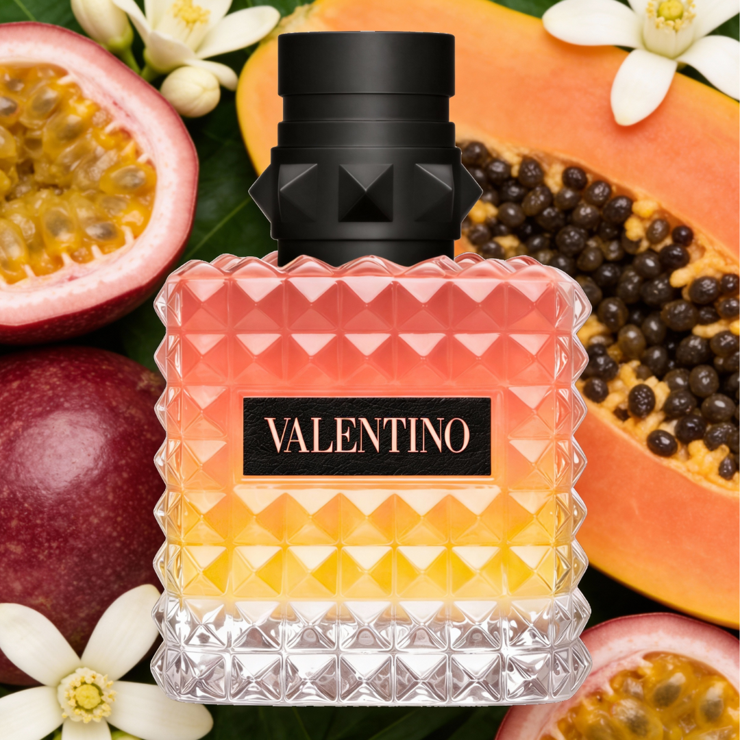 Born in Roma Idyllic Sunrise Donna by Valentino – Eau de Parfum for Women, geometric pink and orange bottle surrounded by passion fruit, papaya and jasmine flowers, ScentLab prospective concept by WSSC