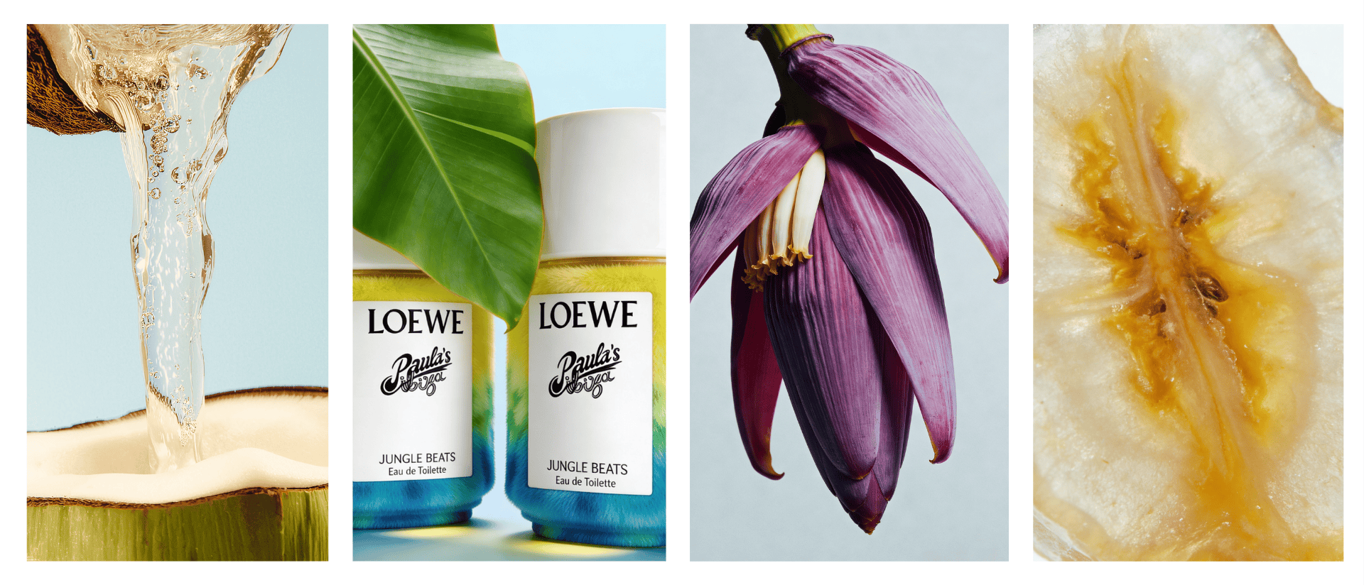 ScentLab by WSSC x Loewe – Paula's Ibiza Jungle Beats moodboard. A collage of four images: sliced yellow banana texture close up, flowing coconut water, two Paula's I Jungle Beats bottles with tropical banana leaf, and a purple banana flower close-up