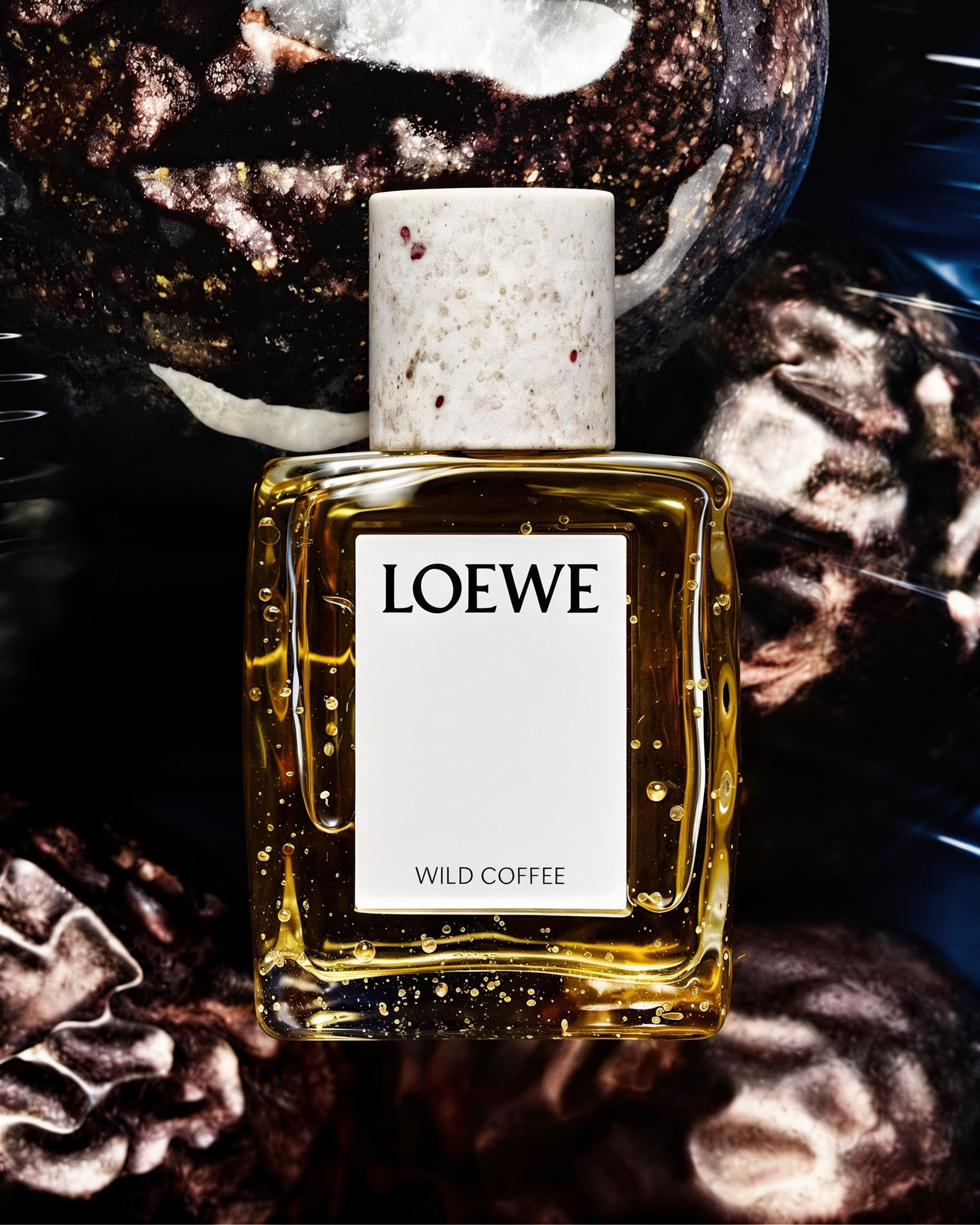 Wild Coffee by Loewe – amber glass bottle with speckled cap on dark textured background, Coffee Break trend by WSSC