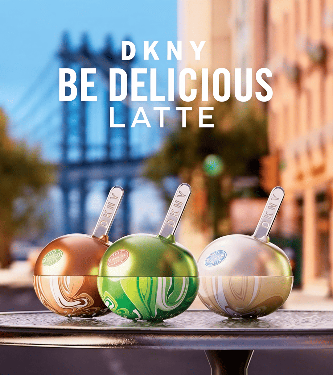 DKNY Be Delicious Latte by Donna Karan – three apple-shaped bottles in bronze, green and pearl with marbled latte design, street background, Coffee Break trend by WSSC