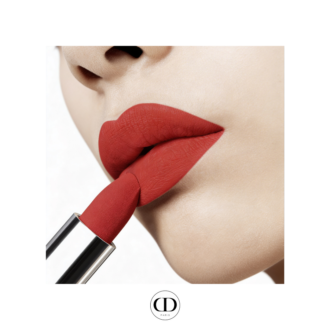 Rouge Dior 999 bottle alongside iconic Rouge 999 lipstick applied to lips, brand identity visual for WSSC x Christian Dior ScentLab prospective fragrance concept AI ad