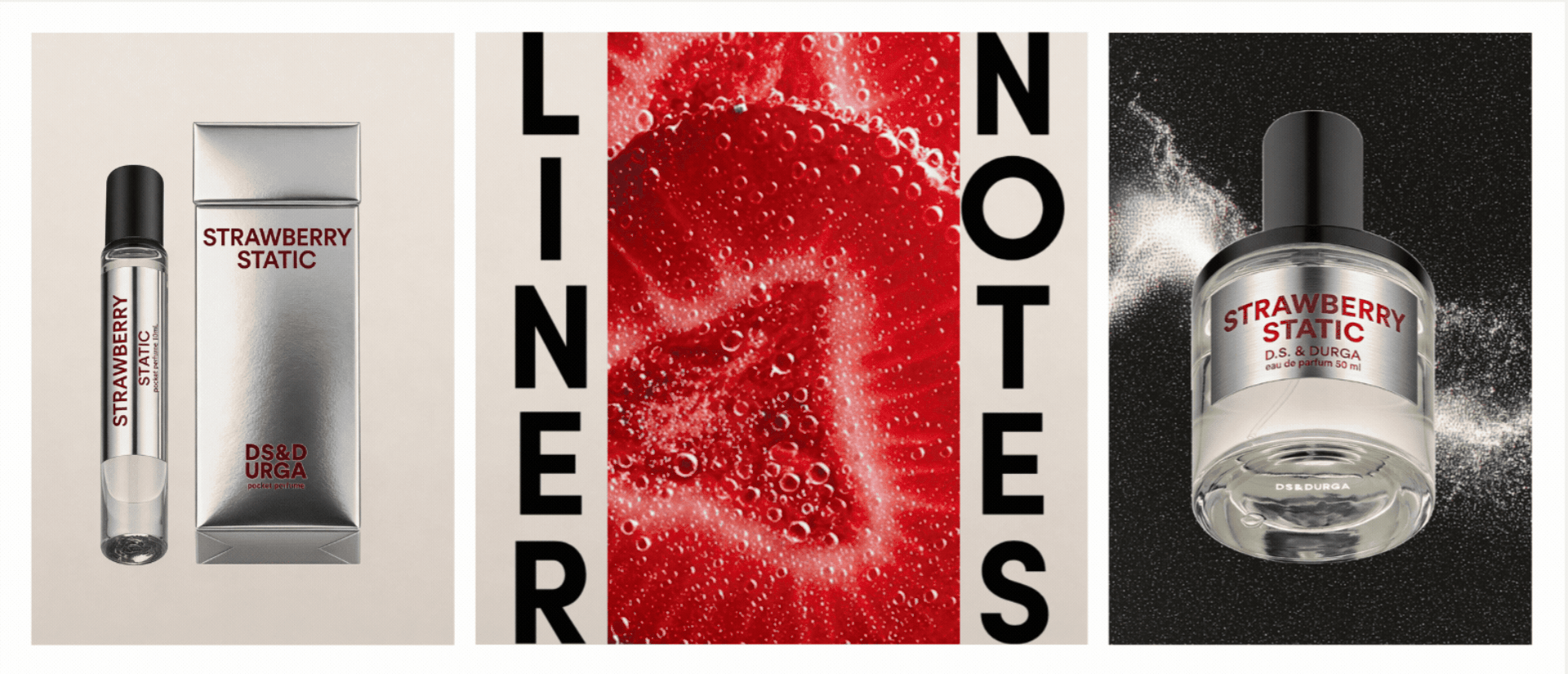ScentLab by WSSC x D.S. & Durga – Strawberry Static moodboard. Five images: electric spark with LINER NOTES typography, fresh strawberries, bottle on white background, dark strawberry packshot with droplet, and travel size bottle with box