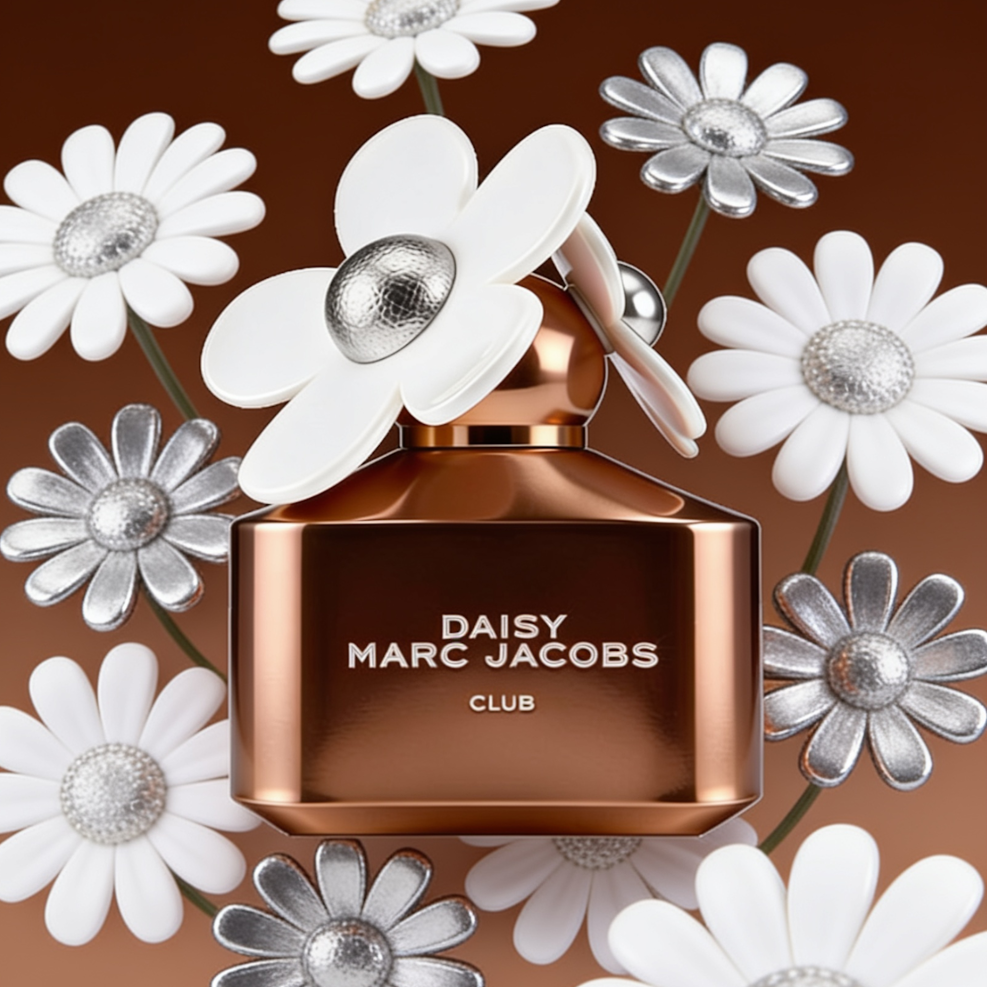 Daisy Club Marc Jacobs bottle surrounded by white and silver daisies, ScentLab Coffee Break trend TrendStudio Edition 2 by WSSC