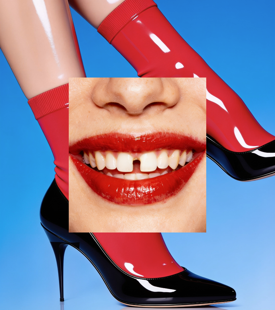Black shoes and red latex socks, glossy smile with red lipstick and diastema, TrendStudio Edition 2 Back to School Issue by WSSC
