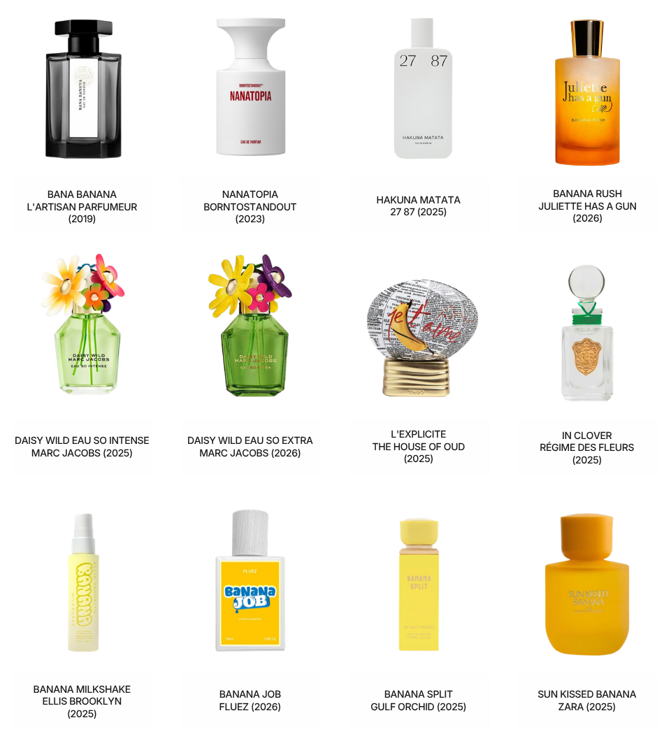 Fine fragrance market overview – From Leaf to Pulp trend Bananarama by WSSC. Featuring L'Artisan Parfumeur, Borntostandout, 27 87, Juliette Has a Gun, Marc Jacobs x2, The House of Oud, Régime des Fleurs, Ellis Brooklyn, Fluez, Gulf Orchid