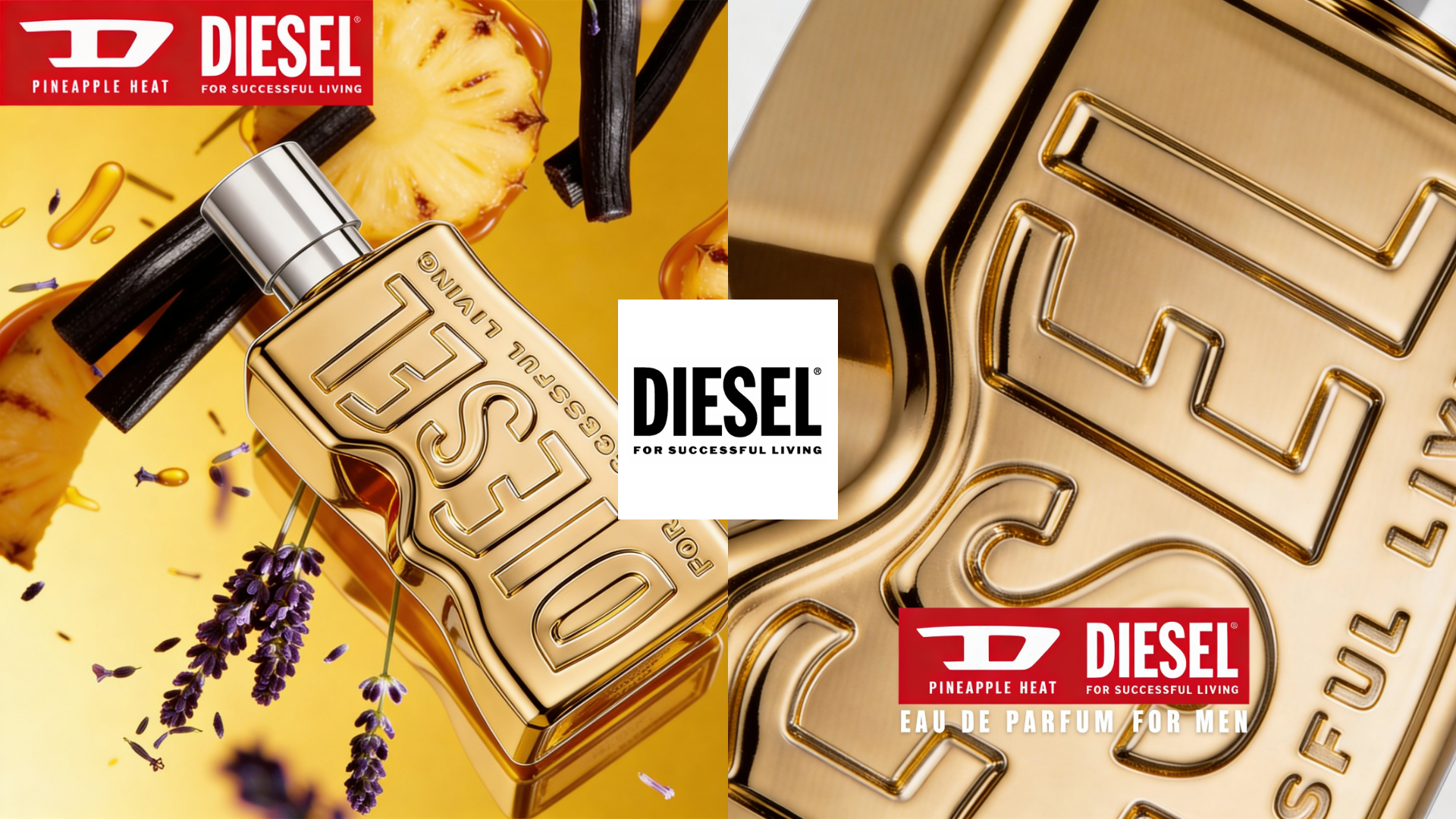 ScentLab by WSSC – D Pineapple Heat by Diesel, Eau de Parfum for Men, Aromatic Fougère Gourmand fragrance concept with gold bottle and pineapple accents