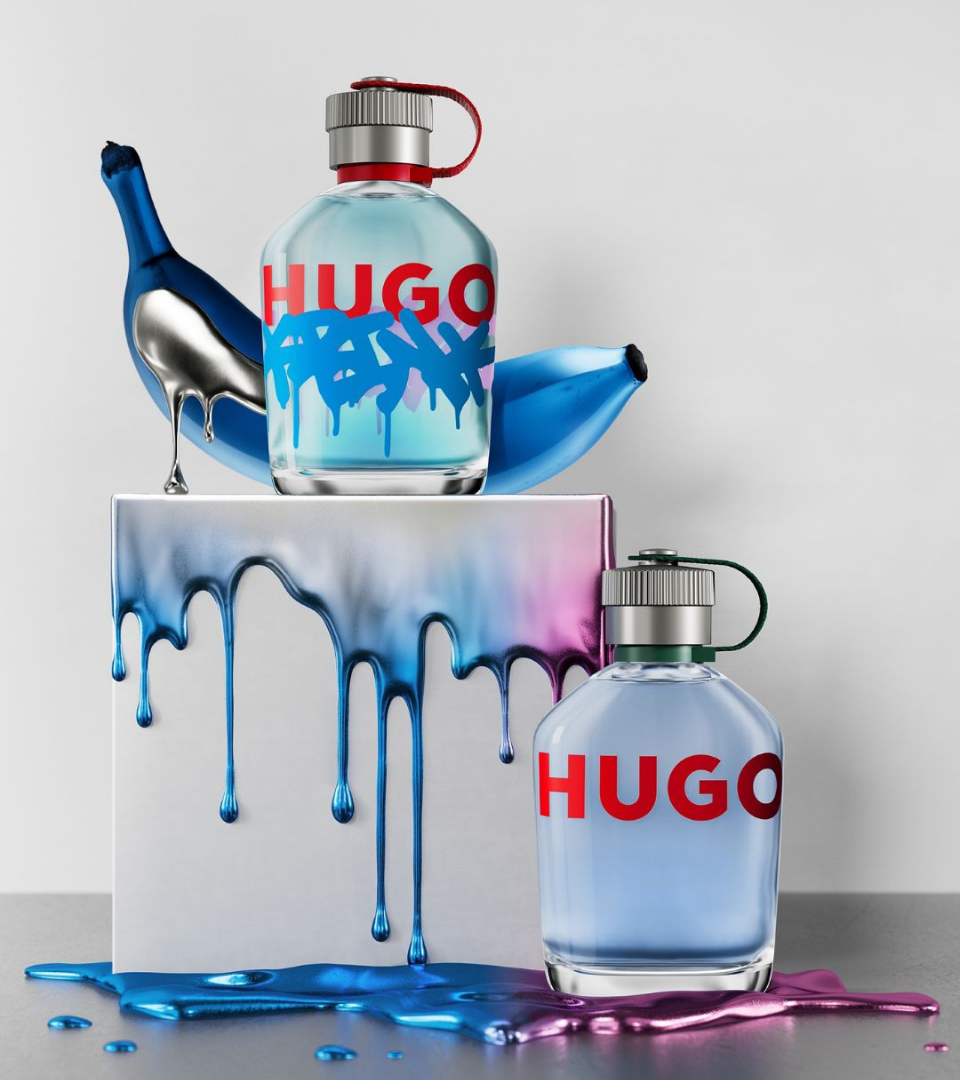 Hugo x Krink by Hugo Boss 2026 – blue banana accord graffiti-inspired men's fine fragrance new blue banana flanker fragrance along with original Hugo bottle, Hugo's Blues When the Boss Goes Banana trend Bananarama by WSSC