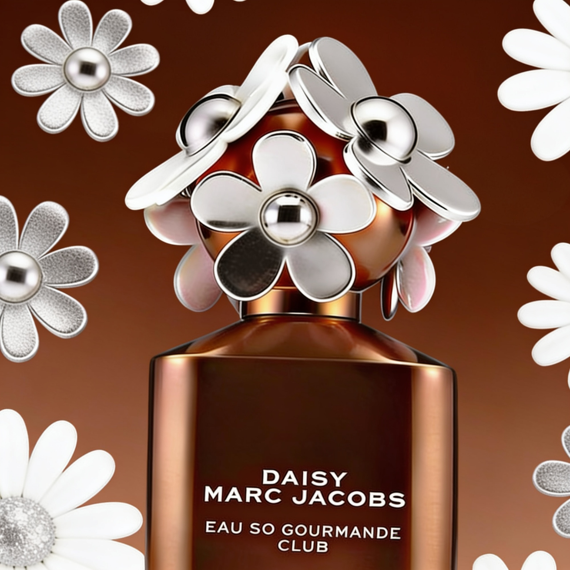 Daisy Club Eau So Gourmande by Marc Jacobs bronze bottle with silver flowers cap, surrounded by white and silver daisies, ScentLab Coffee Break trend TrendStudio Edition 2 by WSSC