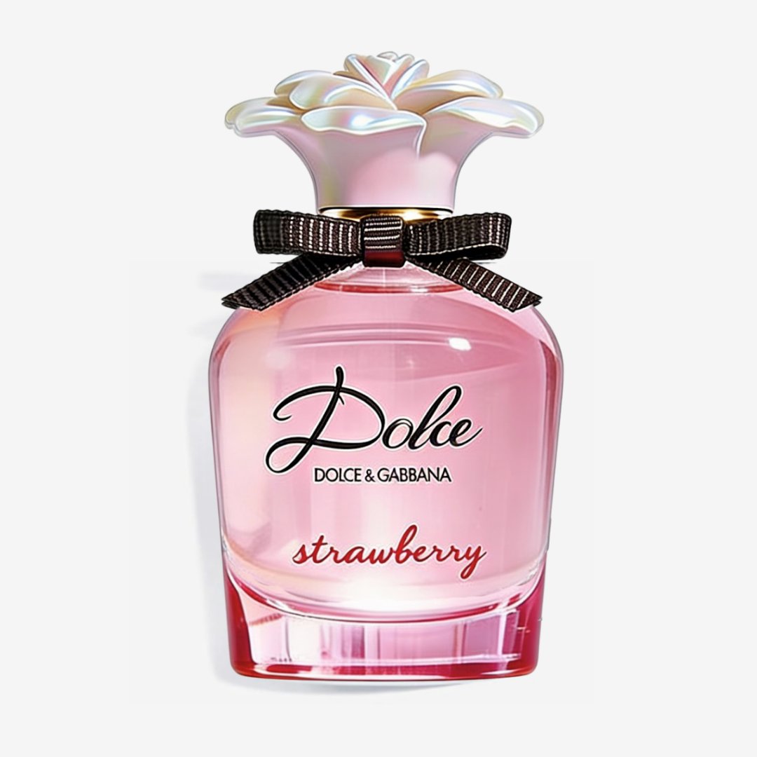 Dolce Strawberry by Dolce & Gabbana – pink bottle with white flower cap and black bow on white background, ScentLab prospective concept by WSSC