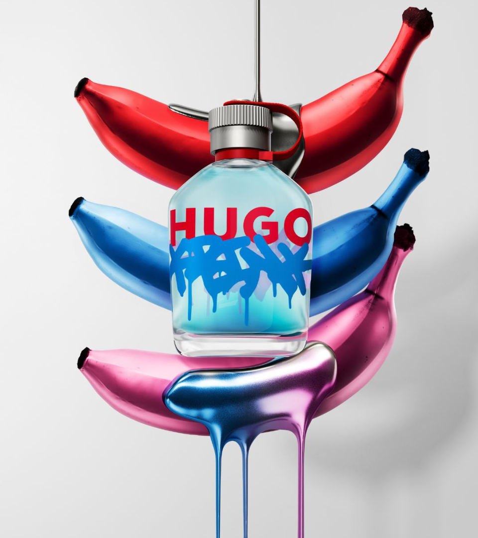 Hugo x Krink by Hugo Boss 2026 – blue red pink metallic banana sculptures campaign visual, Hugo's Blues trend Bananarama by WSSC