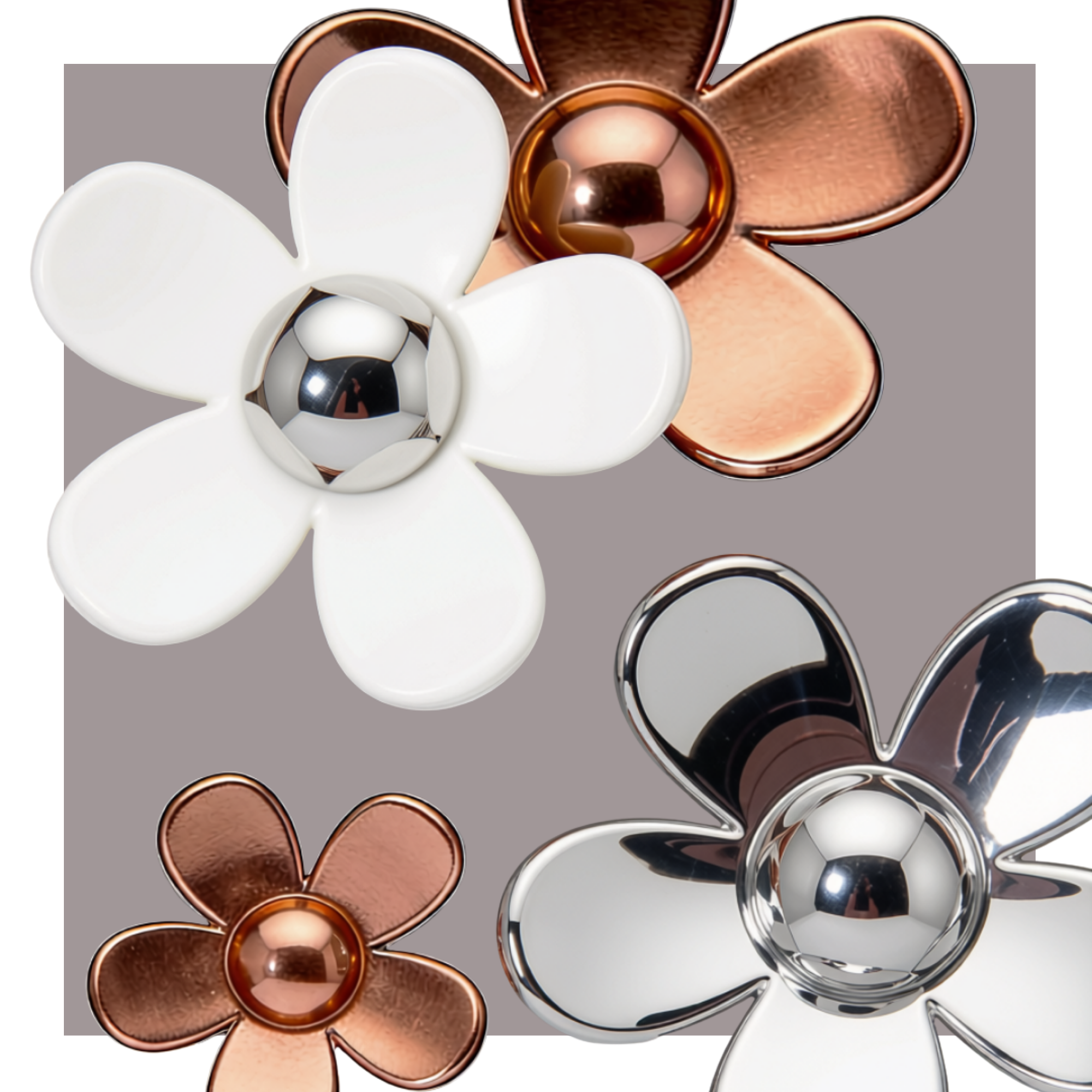 Daisy Club Marc Jacobs bottle cap flowers in white, bronze and silver, ScentLab Coffee Break trend TrendStudio Edition 2 by WSSC