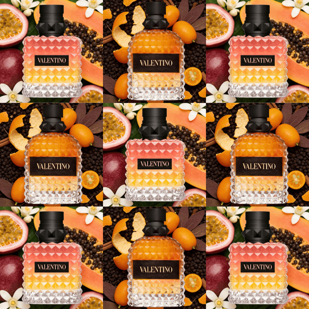 Born in Roma Idyllic Sunrise by Valentino – alternating grid of Donna and Uomo bottles in geometric pattern, ScentLab prospective concept by WSSC