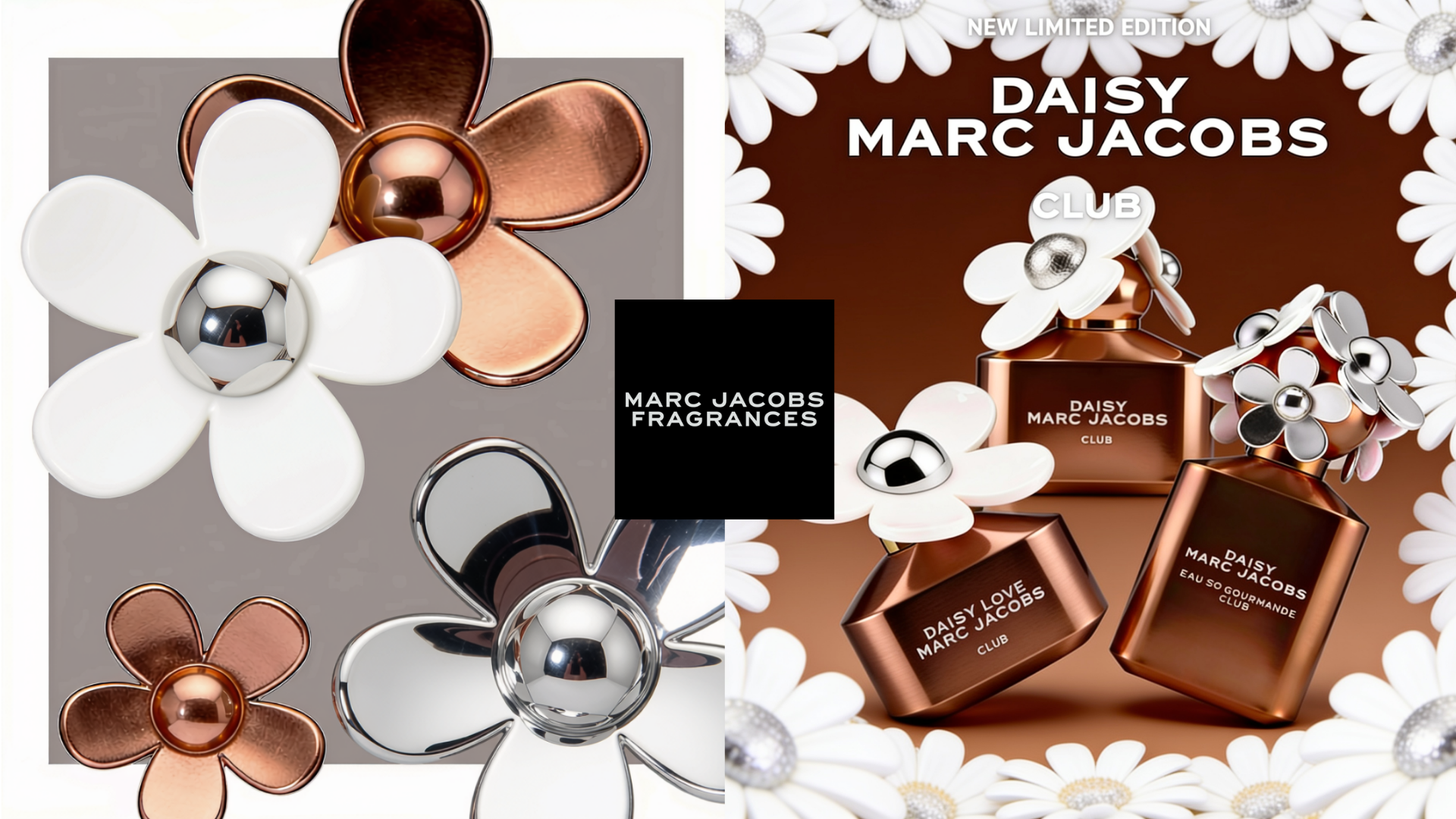 ScentLab by WSSC – Daisy Club collection by Marc Jacobs, Eau de Toilette trio, fragrance concept with flower cap details alternating with Marc Jacobs Fragrances logo and the three Daisy Club Collection bottles together