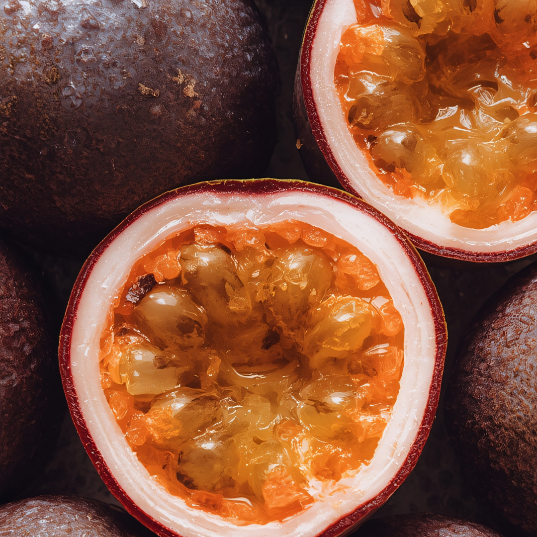Sliced maracuja close-up, top note ingredient visual for Born in Roma Idyllic Sunrise Donna Valentino ScentLab concept by WSSC