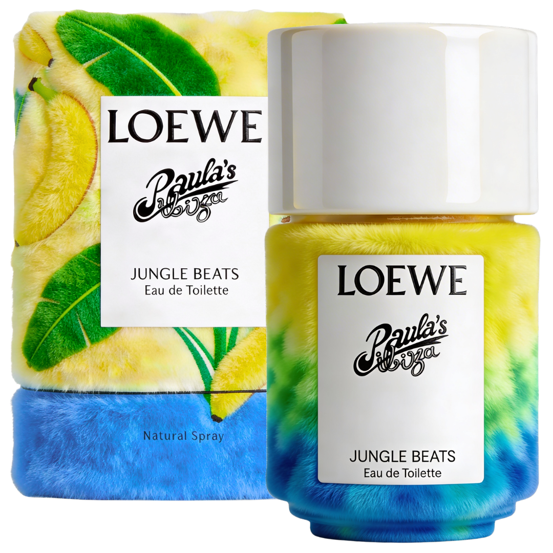 Paula's Ibiza Jungle Beats by Loewe – gradient tie-dye furry bottle and packaging box with plushy banana design, ScentLab prospective concept by WSSC