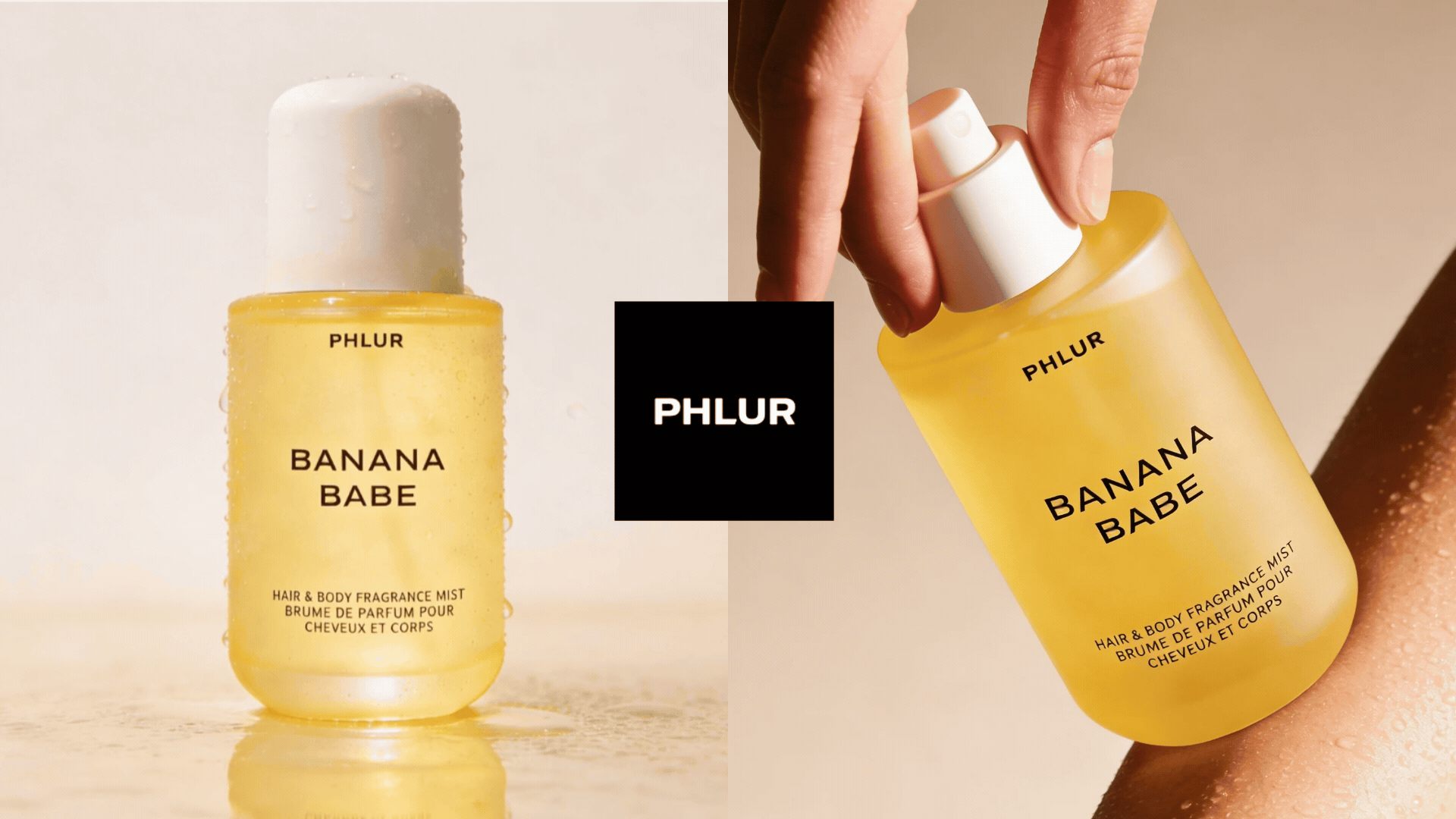 ScentLab by WSSC – Banana Babe by Phlur, unisex Hair and Body Fragrance Mist, Floral Gourmand fragrance concept with translucent yellow bottle gif