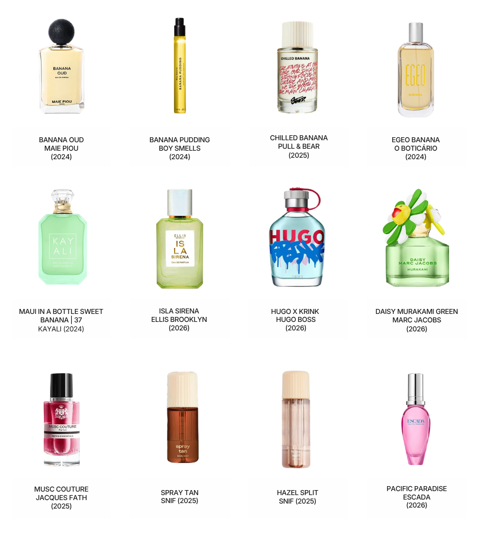 Fine fragrance market overview – Banana in Technicolor trend Bananarama by WSSC. Featuring Maie Piou, Boy Smells, Pull & Bear, O Boticário, Kayali, Ellis Brooklyn, Hugo Boss, Marc Jacobs, Jacques Fath, Snif x2, Escada