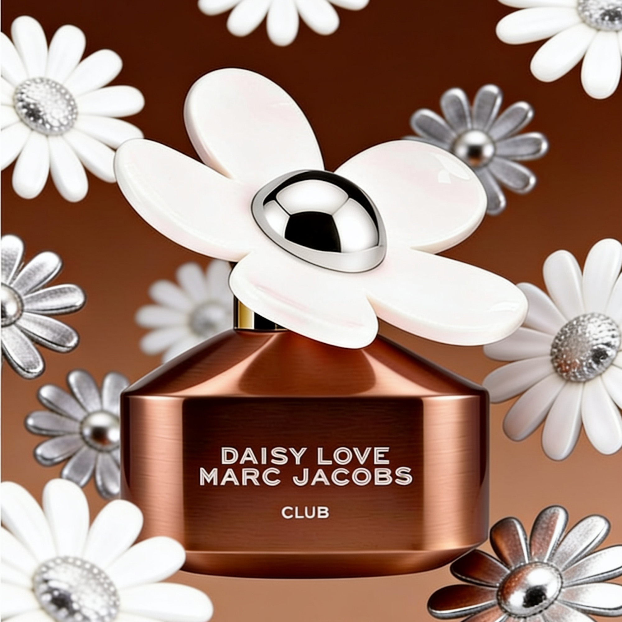 Daisy Love Club by Marc Jacobs bronze bottle with white flower cap, surrounded by white and silver daisies, ScentLab Coffee Break trend TrendStudio Edition 2 by WSSC