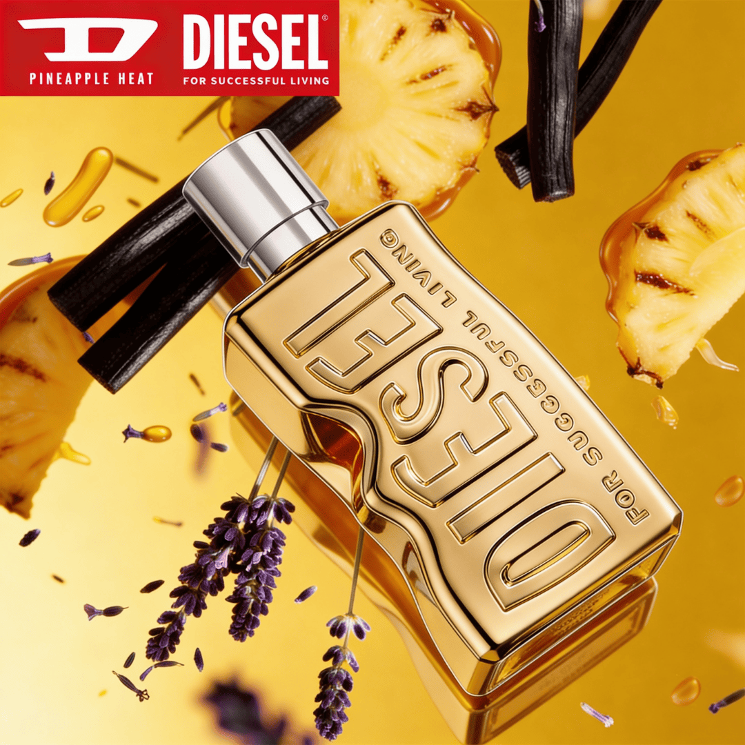 D Pineapple Heat by Diesel – Eau de Parfum for Men, gold bottle with silver cap surrounded by pineapple slices and ingredients on golden background, ScentLab prospective concept by WSSC
