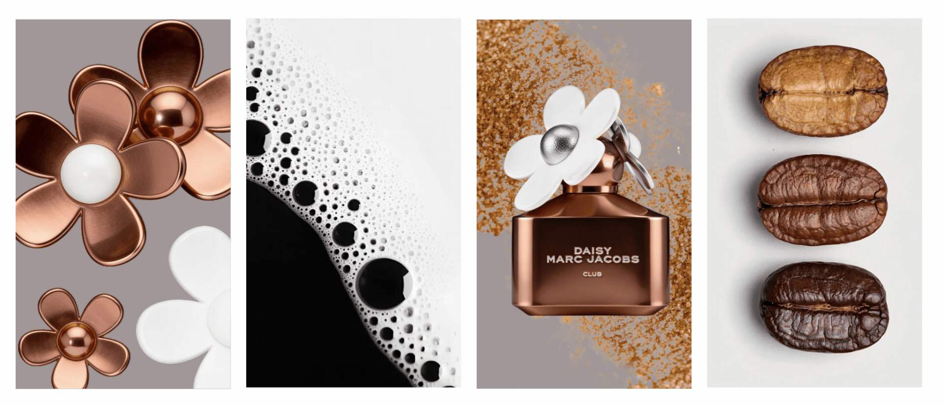 Moodboard for Daisy Club by Marc Jacobs – flower details, milk foam, bottle with brown sugar dust, coffee beans, ScentLab Coffee Break trend TrendStudio Edition 2 by WSSC