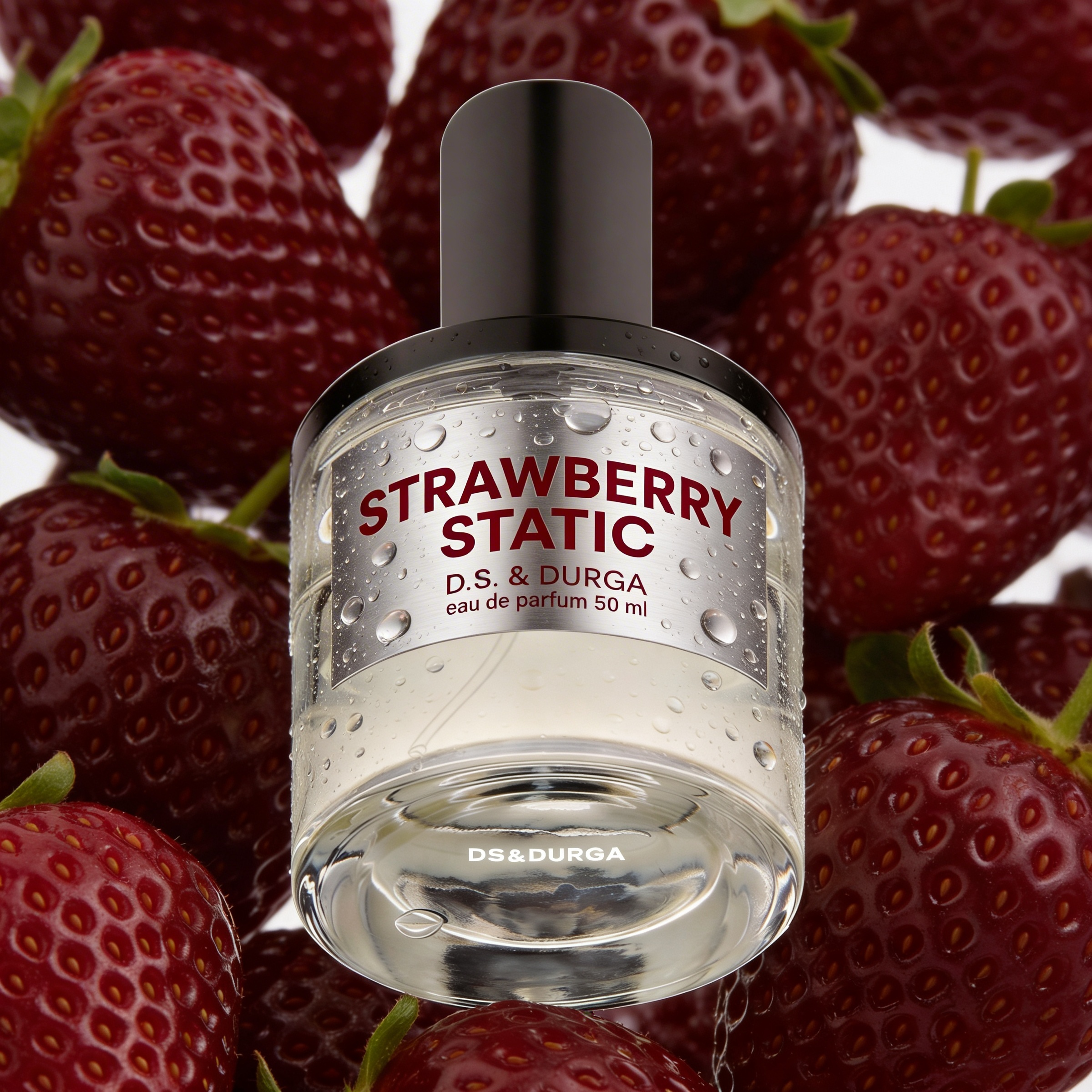 Strawberry Static by D.S. & Durga – Unisex Eau de Parfum, bottle on dark red strawberry background with water droplet, ScentLab prospective concept by WSSC