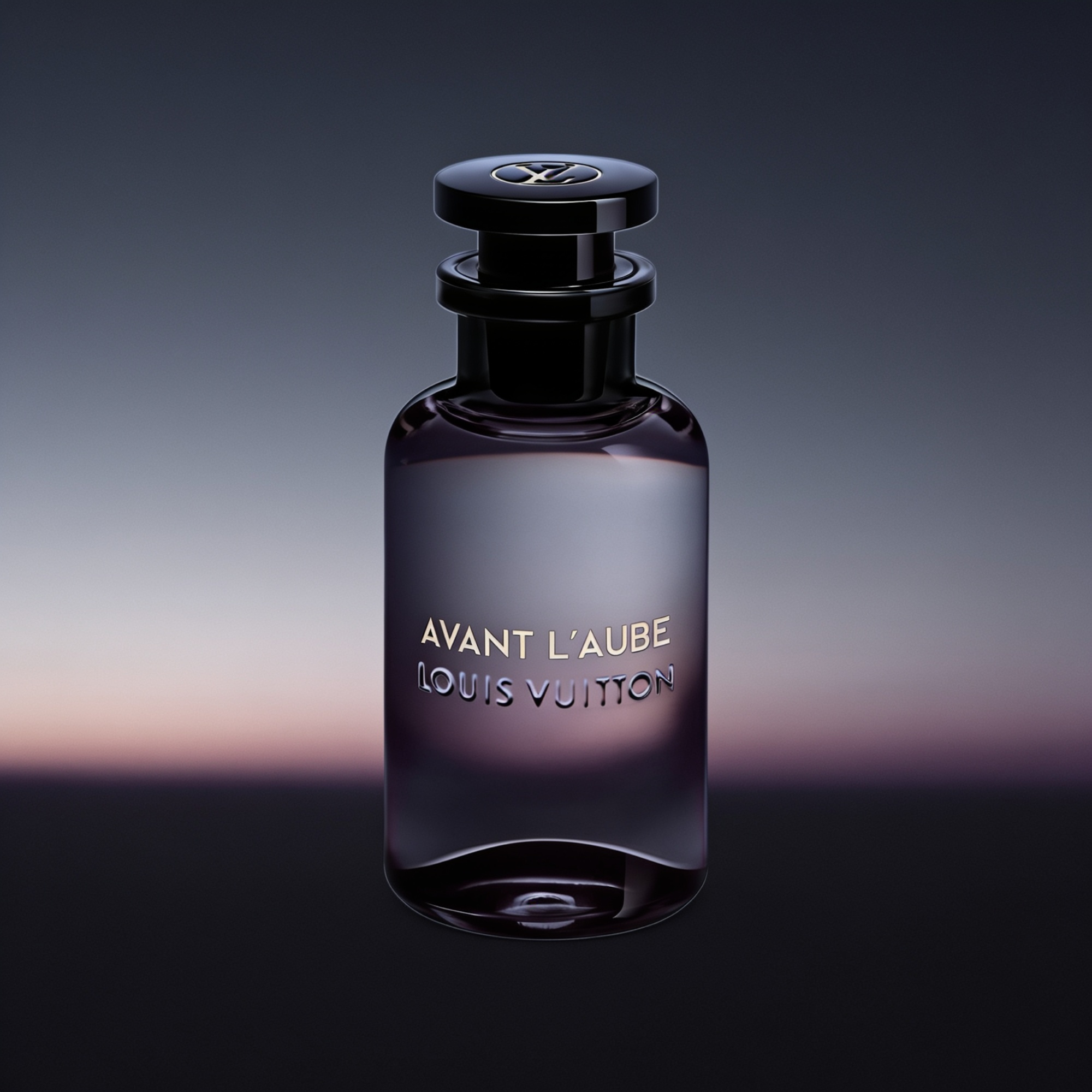 Avant l'Aube by Louis Vuitton bottle against a sunrise gradient sky, ScentLab Coffee Break trend TrendStudio Edition 2 by WSSC