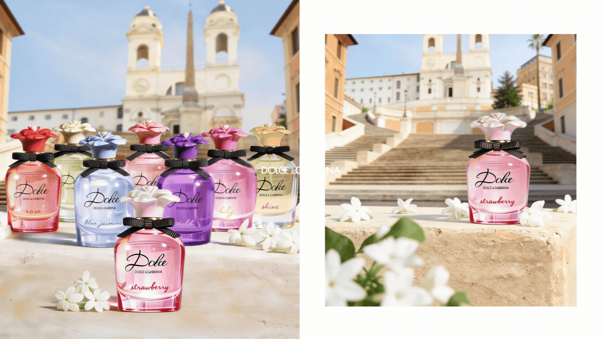 ScentLab by WSSC – Dolce Strawberry by Dolce & Gabbana, Eau de Parfum for Women, Floral Fruity fragrance concept with pink bottle and iridescent flower-cap bottle on Roman steps. Dolce Collection. Jasmine flowers. Italy