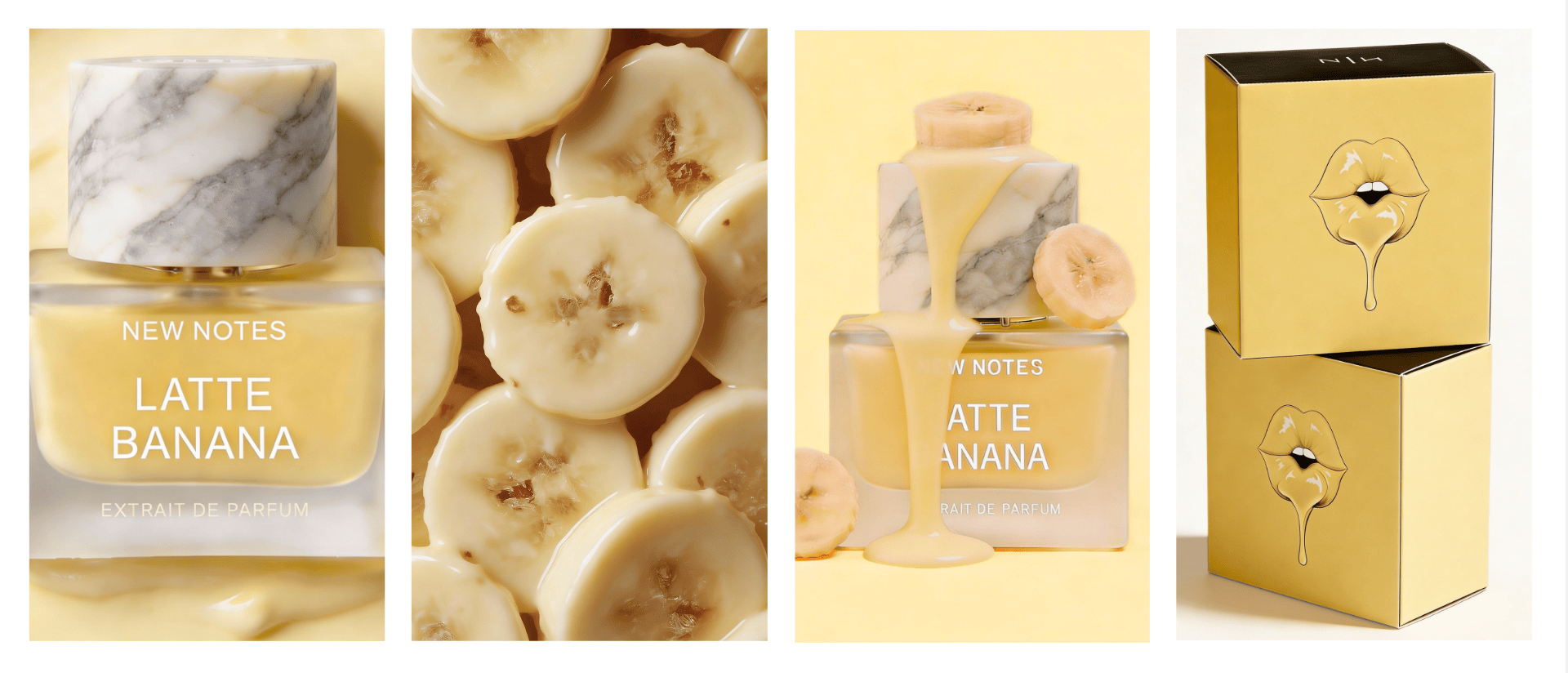 A collage of perfume bottles and packaging features banana and marble design elements, with text reading 'New Notes Latte Banana' and images of banana slices.