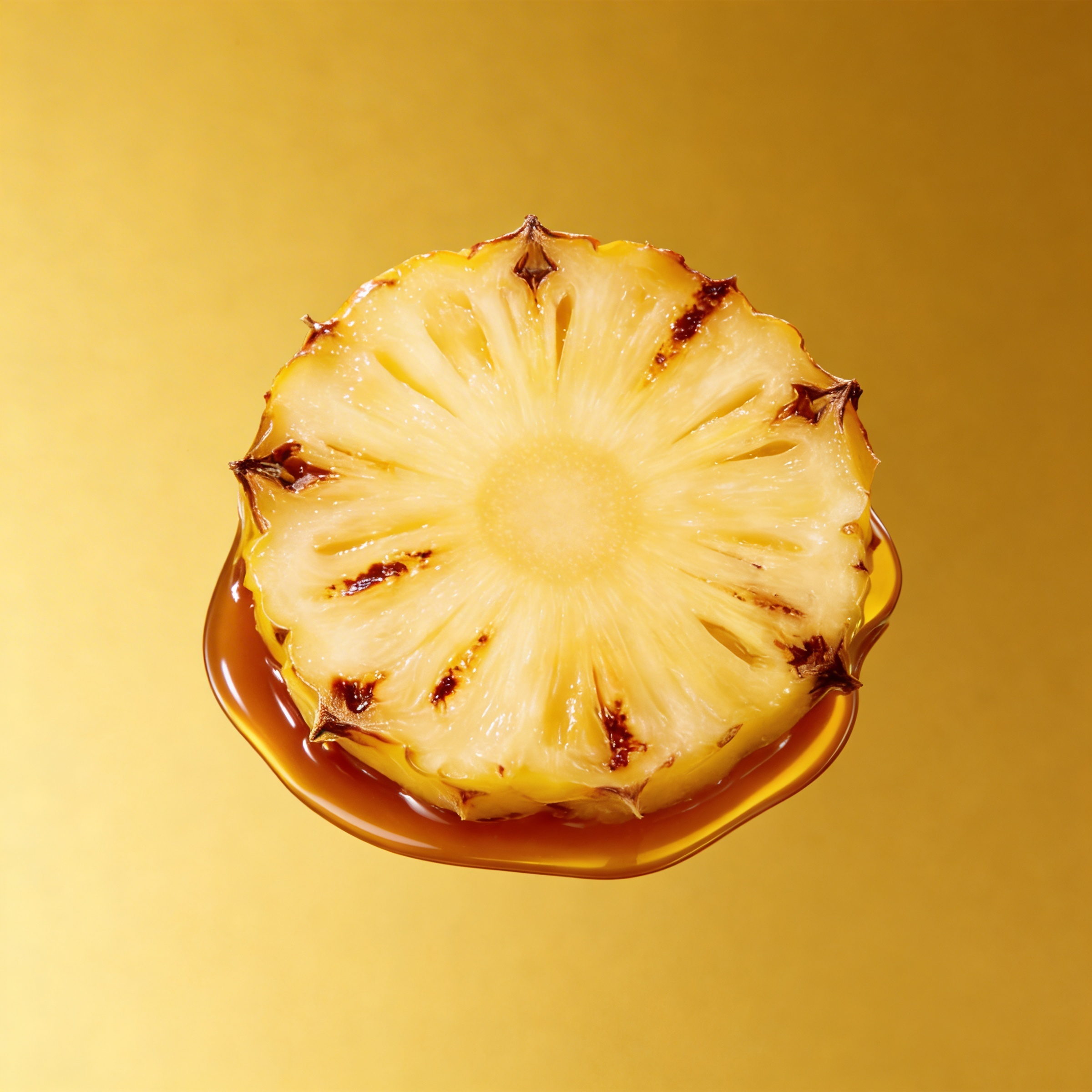Caramelized pineapple slice on gold surface, olfactory ingredient visual for D Pineapple Heat Diesel ScentLab concept by WSSC