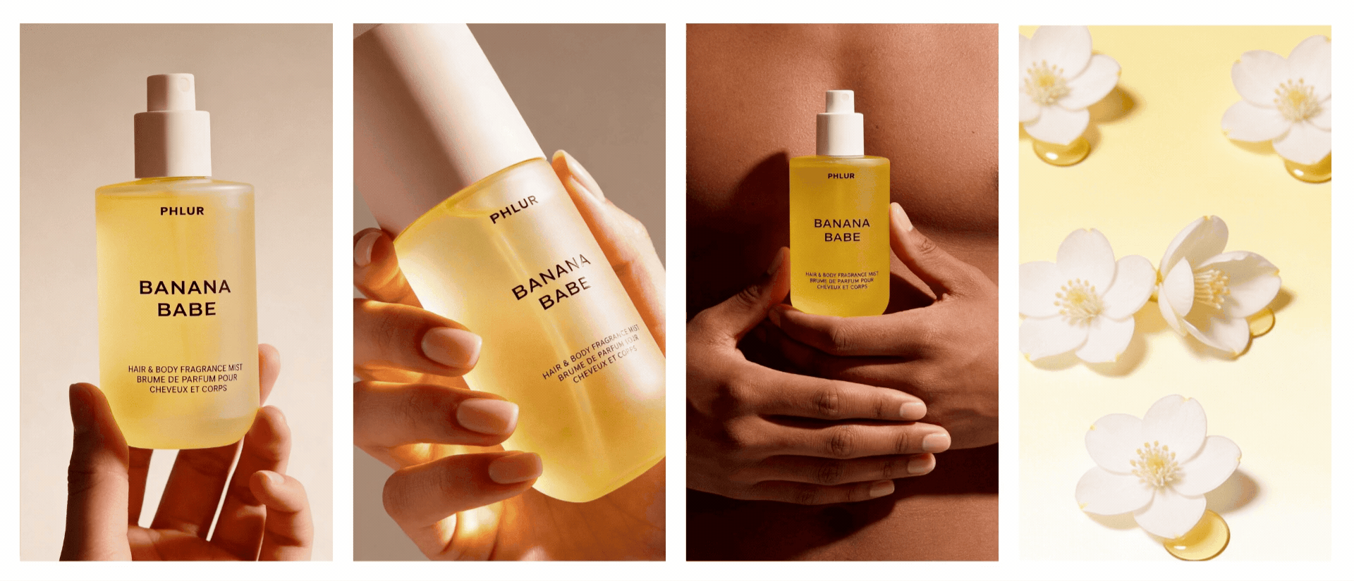 ScentLab by WSSC x Phlur – Banana Babe moodboard. A collage of four images: bottle held in woman's hand, white flowers with honey drops on yellow background, bottle standing on neutral surface, and man holding bottle in front of his chest