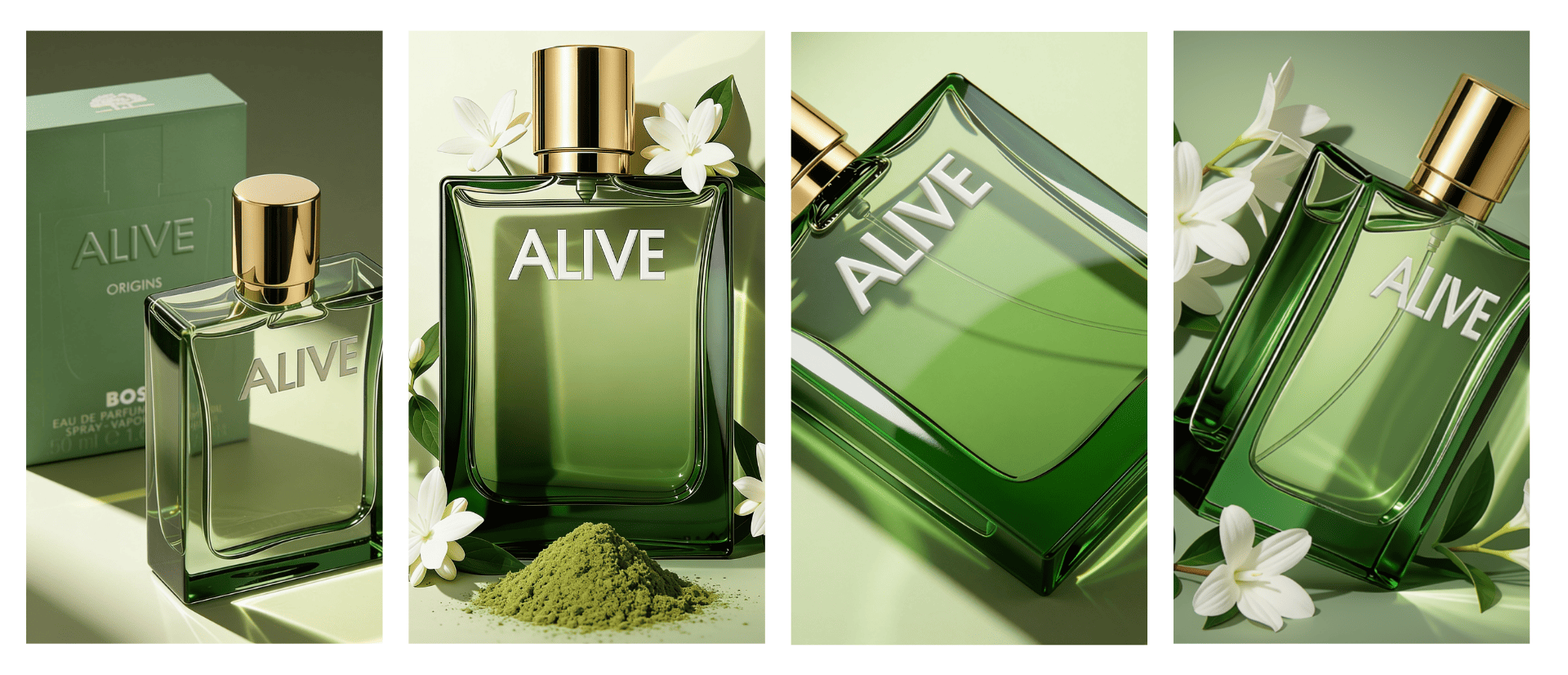 Moodboard for Boss Alive Origins and Boss Bottled Reserve by Hugo Boss – green bottle with jasmine and matcha, dark bottle with coffee beans, ScentLab Coffee Break trend TrendStudio Edition 2 by WSSC