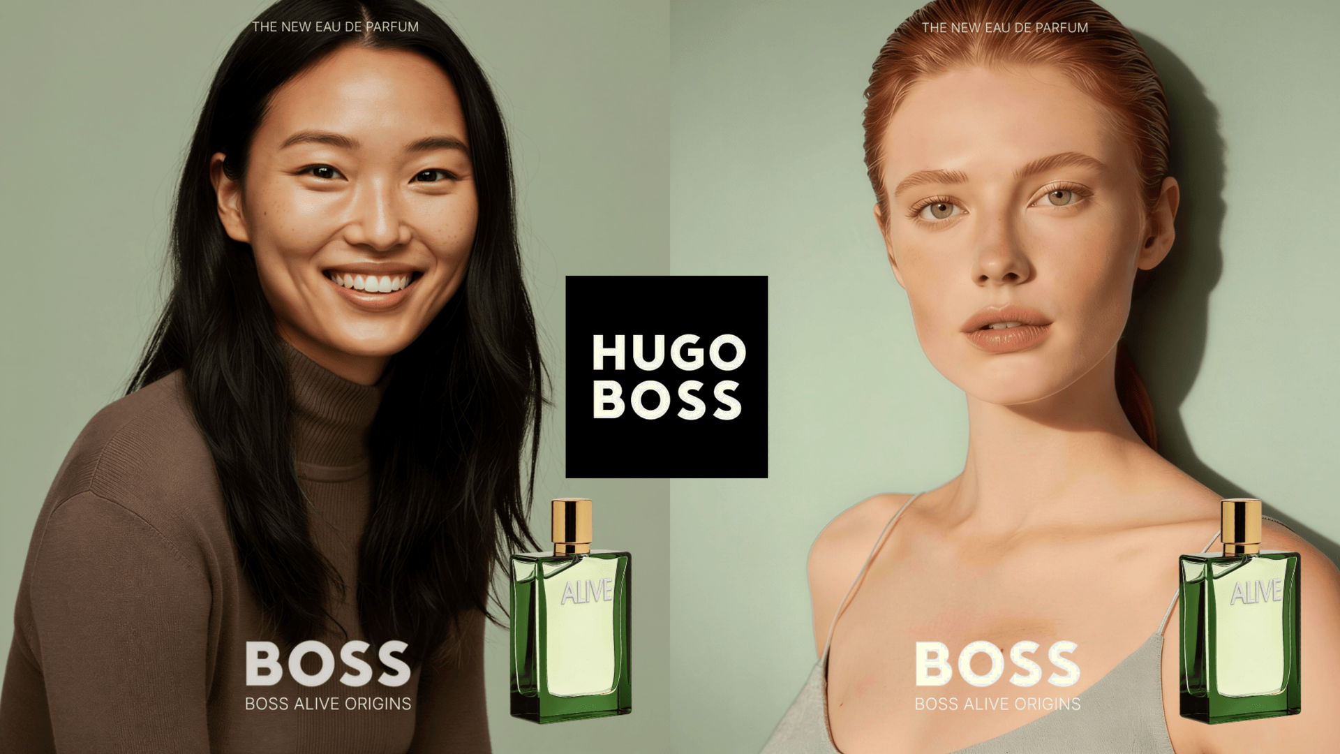 ScentLab by WSSC – Boss Alive Origins and Boss Bottled Reserve by Hugo Boss, Eau de Parfum for Women and Eau de Parfum Intense for Men, campaign visuals with female and male models alternating with Hugo Boss logo