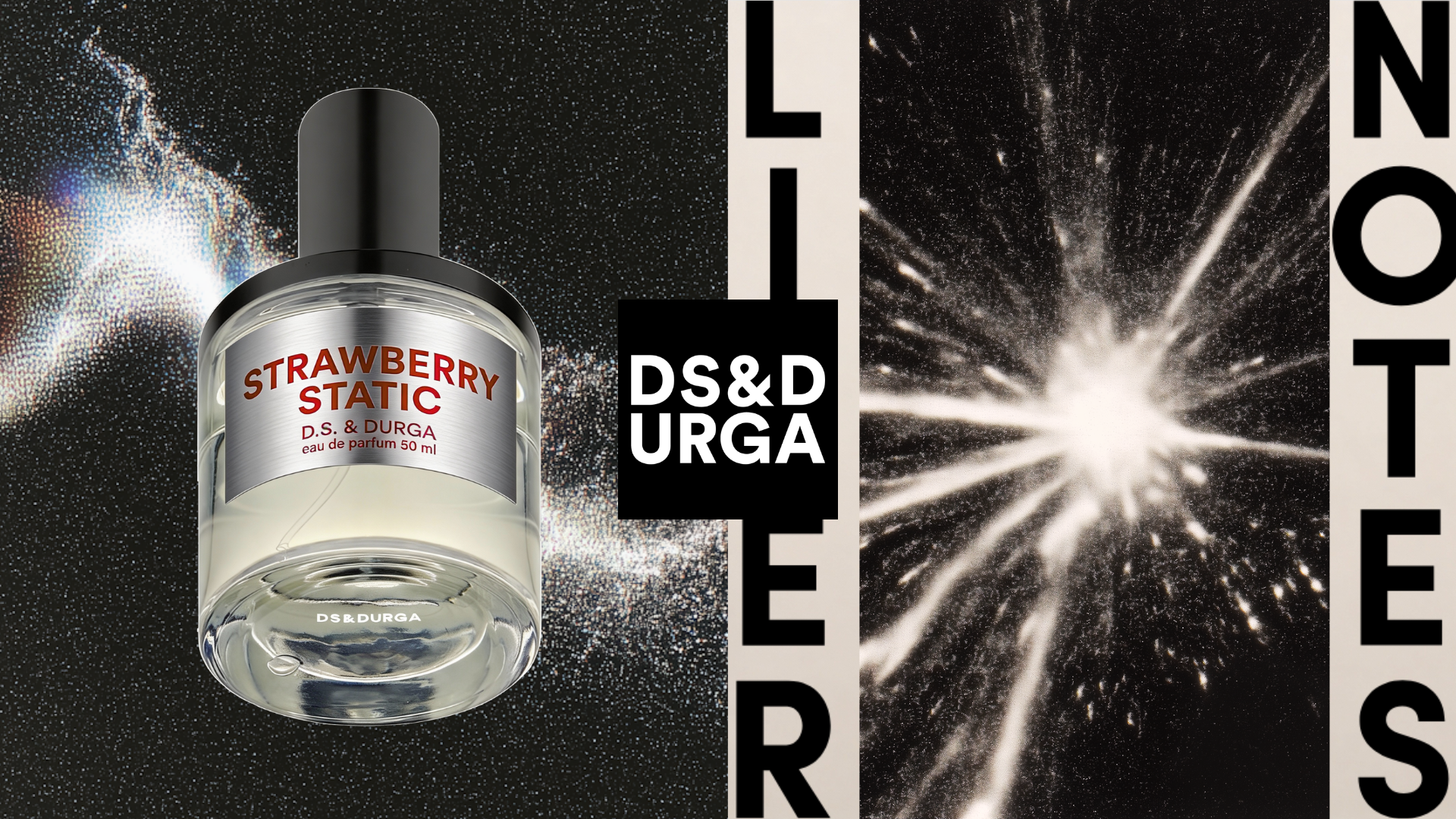 ScentLab by WSSC – Strawberry Static by D.S. & Durga, unisex Eau de Parfum, Woody Aldehydic fragrance concept with cylindrical bottle against electric spark background. metallic label with red shiny lettering, galaxy vibes behind the packshot