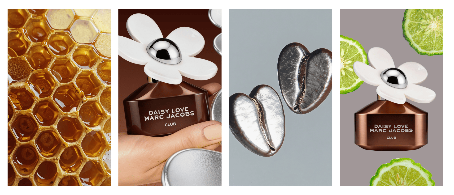 Moodboard for Daisy Love Club by Marc Jacobs – honeycomb with honey, bronze bottle in hand, silver heart-shaped coffee beans, bronze bottle with bergamot, ScentLab Coffee Break trend TrendStudio Edition 2 by WSSC